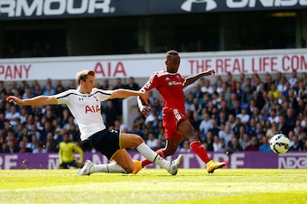 LONDON, ENGLAND - SEPTEMBER 21:  Saido Berahino of West Brom scores a disallowed goal as Eric Dier of Spurs closes in during the Barclays Premier League match between Tottenham Hotspur and West Bromwich Albion at White Hart Lane on September 21, 2014 in L