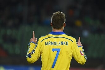 Ukraine's Andriy Yarmolenko (C) celebrates after scoring during the Group C Euro 2016 qualifying football match between Luxembourg and Ukraine at the Josy Barthel stadium in Luxembourg , November 15, 2014. AFP PHOTO/Emmanuel Dunand        (Photo credit sh
