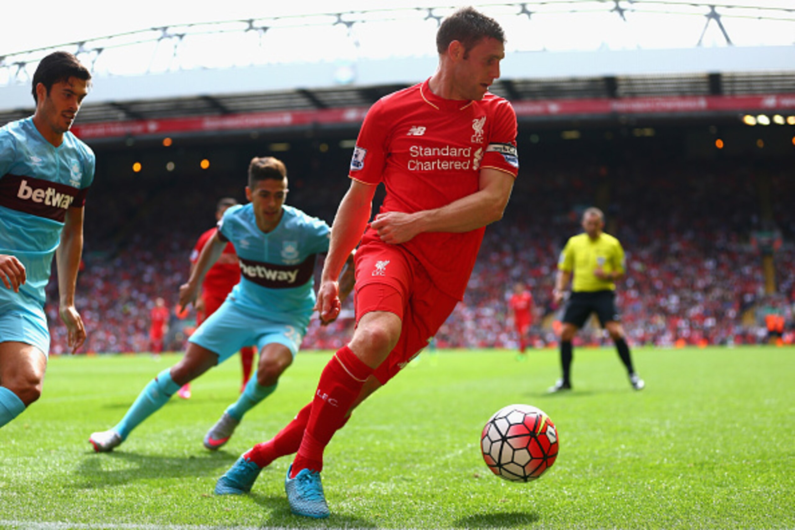 LIVERPOOL, ENGLAND - AUGUST 29:  James Milner of Liverpool in action during the Barclays Premier League match between Liverpool and West Ham United at Anfield on August 29, 2015 in Liverpool, United Kingdom.  (Photo by Clive Mason/Getty Images)