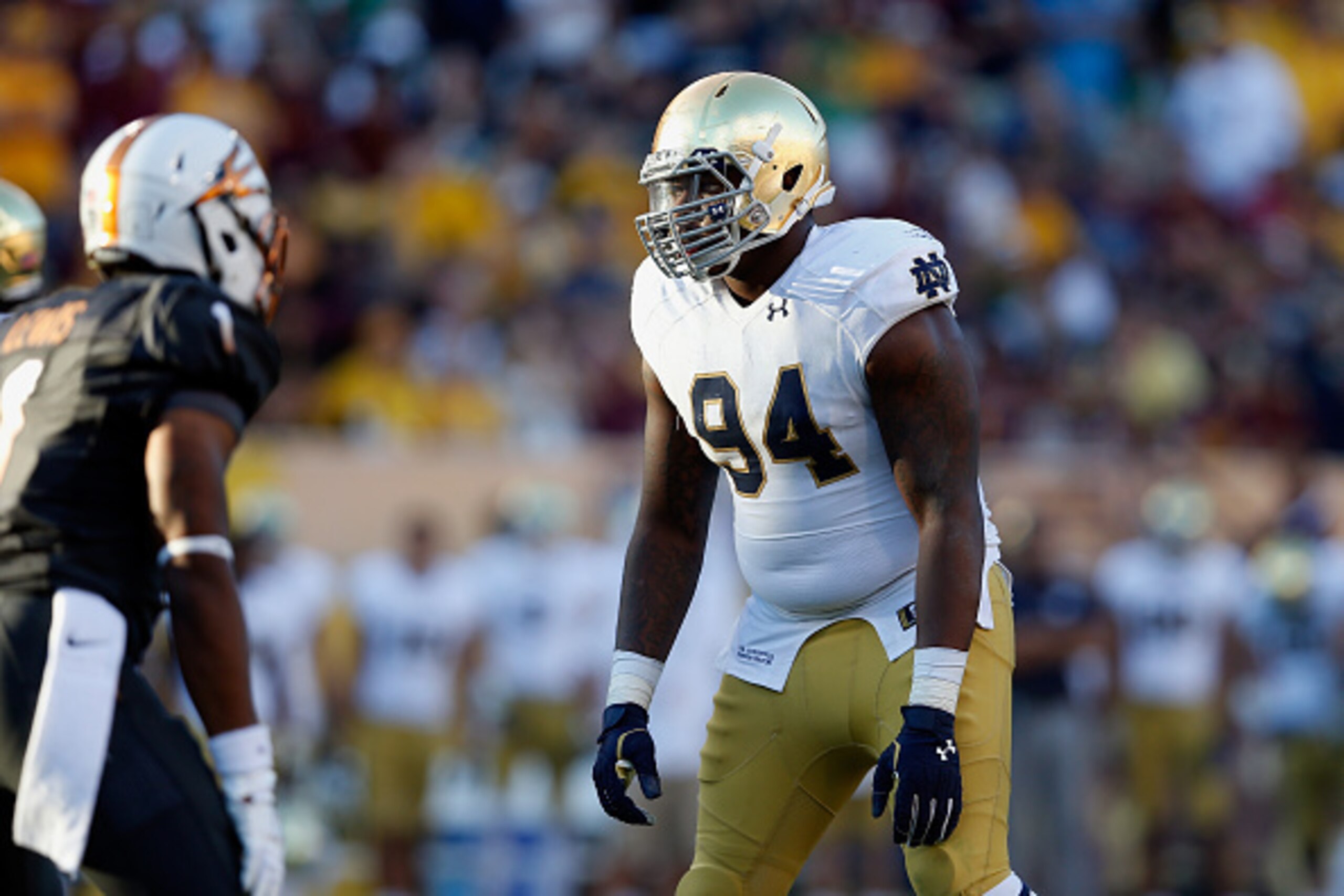 TEMPE, AZ - NOVEMBER 08:  Defensive lineman Jarron Jones #94 of the Notre Dame Fighting Irish during the college football game against the Arizona State Sun Devils at Sun Devil Stadium on November 8, 2014 in Tempe, Arizona. The Sun Devils defeated the Fig