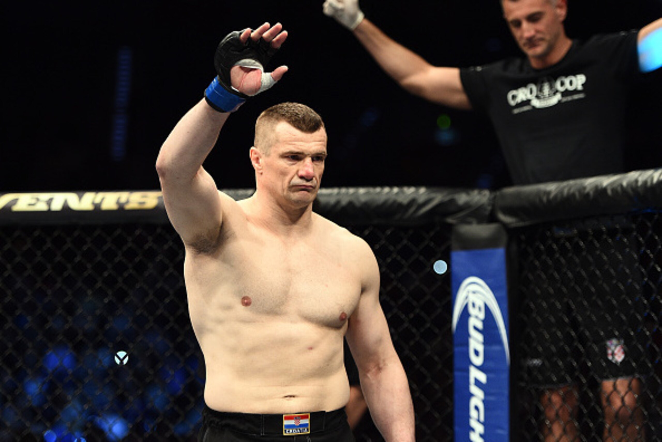 KRAKOW, POLAND - APRIL 11:  Mirko Cro Cop enters the Octagon before facing Gabriel Gonzaga in their heavyweight fight during the UFC Fight Night event at the Tauron Arena on April 11, 2015 in Krakow, Poland. (Photo by Jeff Bottari/Zuffa LLC/Zuffa LLC via 