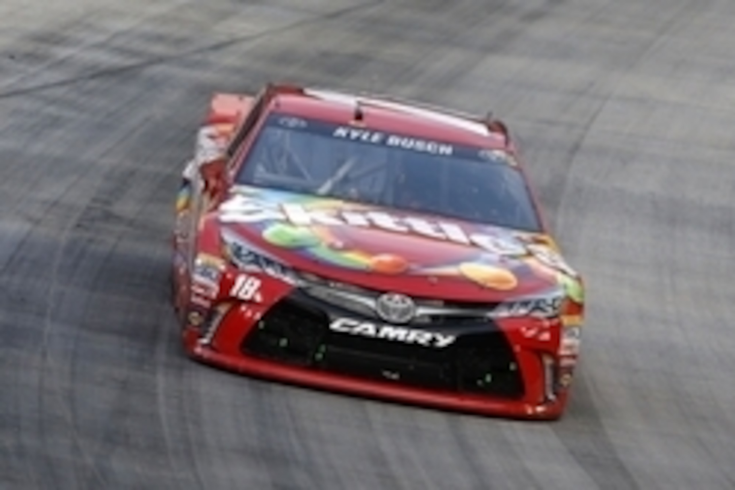 Aug 22, 2015; Bristol, TN, USA; Sprint Cup Series driver Kyle Busch (18) during the Irwin Tools Night Race at Bristol Motor Speedway. Mandatory Credit: Peter Casey-USA TODAY Sports