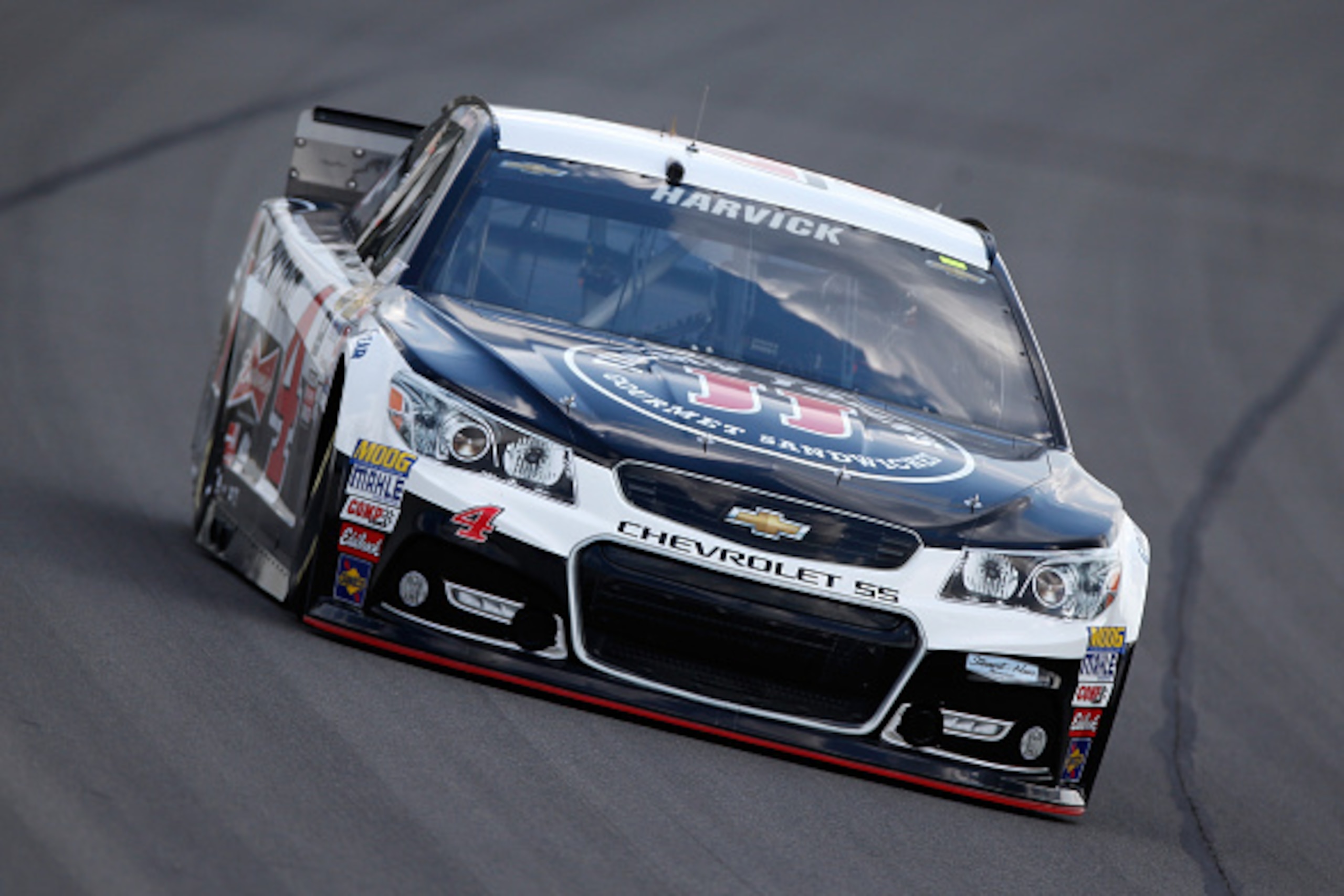 BROOKLYN, MI - AUGUST 14:  Kevin Harvick, driver of the #4 Jimmy John's/Budweiser Chevrolet, drives during qualifying for the NASCAR Sprint Cup Series Pure Michigan 400 at Michigan International Speedway on August 14, 2015 in Brooklyn, Michigan.  (Photo b