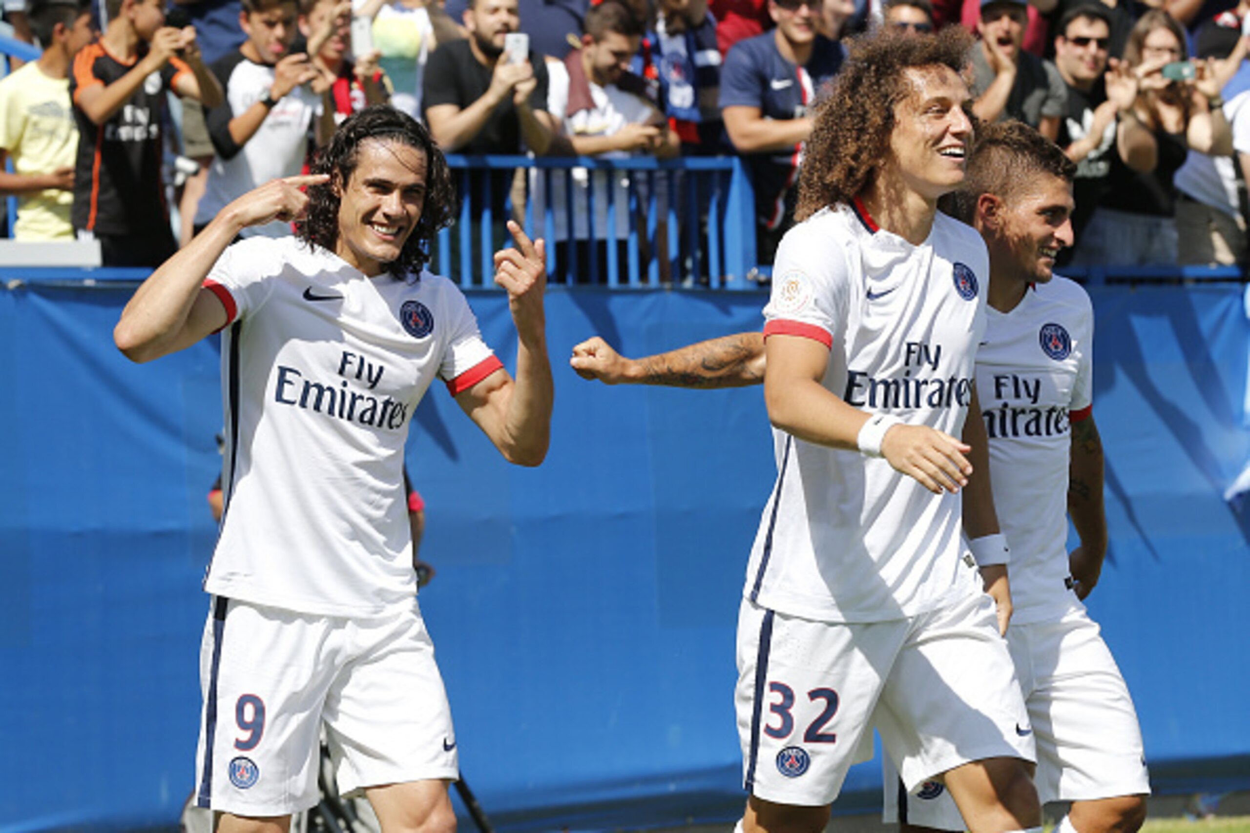 MONTREAL, QC - AUGUST 1: Edinson Cavani of PSG celebrates scoring the second goal for his team with teammates David Luiz and Marco Verratti during the 2015 Trophee des Champions between Paris Saint-Germain (PSG) and Olympique Lyonnais (OL) at Stade Saputo