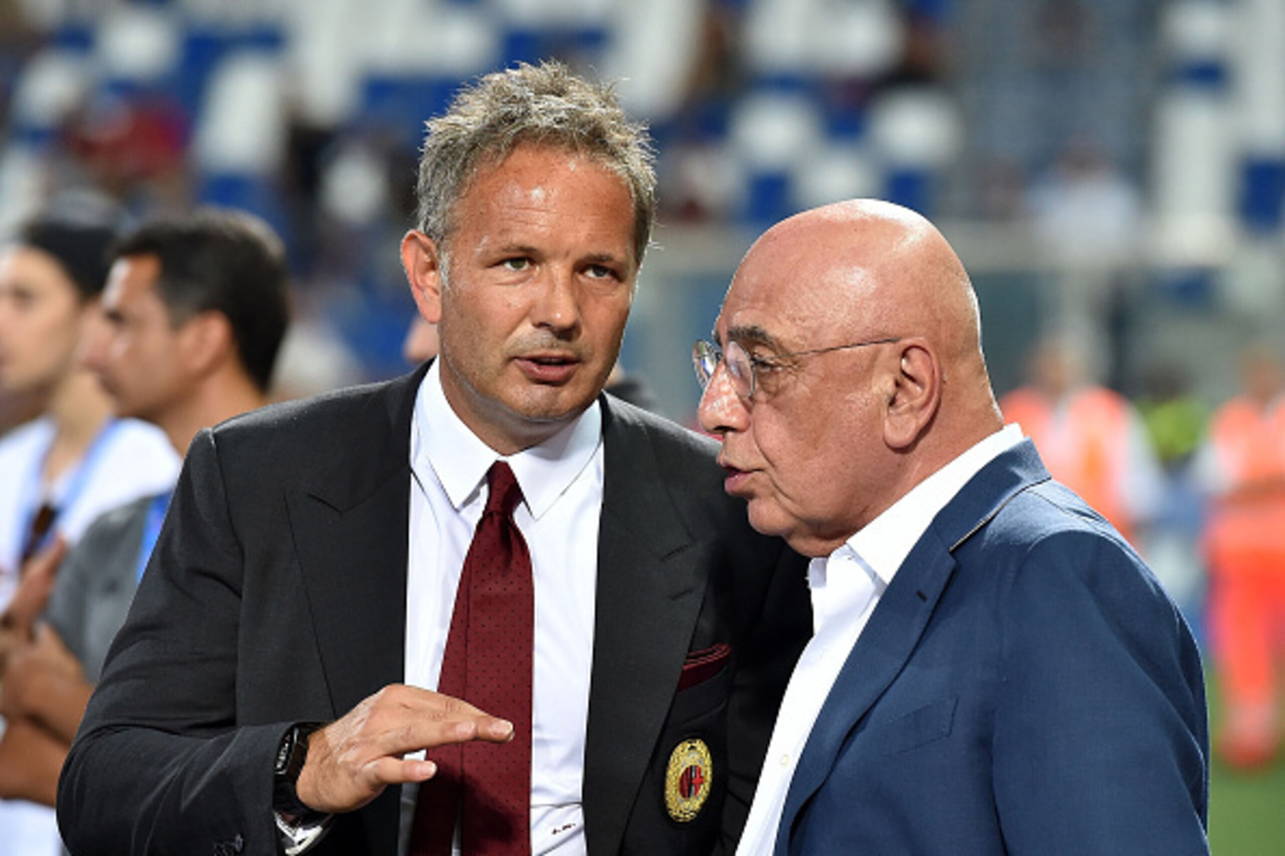 REGGIO NELL'EMILIA, ITALY - AUGUST 12:   Sinisa Mihajlovic head coach of Milan and Adriano Galliani AD of Milan after the TIM pre-season tournament match between AC Milan and US Sassuolo Calcio at Mapei Stadium - Città del Tricolore on August 12, 2015 in 