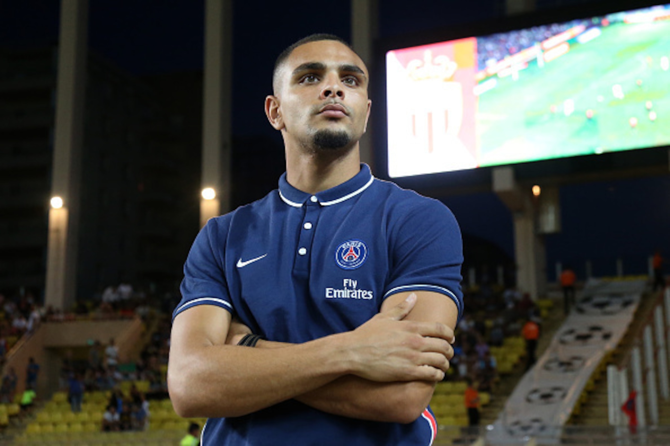 MONACO - AUGUST 30: New signing for PSG from AS Monaco Layvin Kurzawa  attends the French Ligue 1 match between AS Monaco and Paris Saint-Germain at Stade Louis II on August 30, 2015 in Monaco. (Photo by Jean Catuffe/Getty Images)
