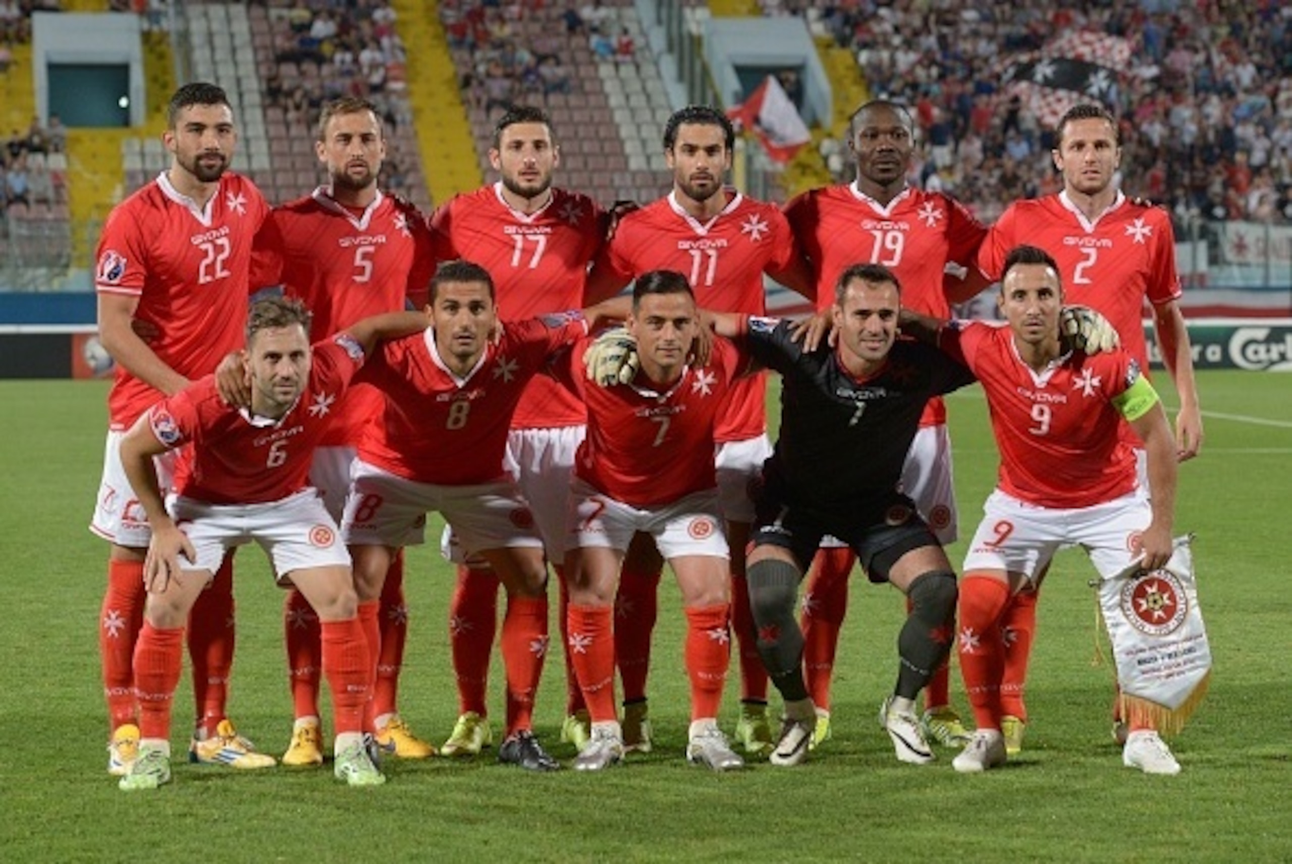 Malta National Football team before their 2016 UEFA European Championship qualifying football match against Bulgaria at the National Stadium in Ta'Qali, Malta on June 12, 2015.  AFP PHOTO / Matthew Mirabelli        (Photo credit should read Matthew Mirabe