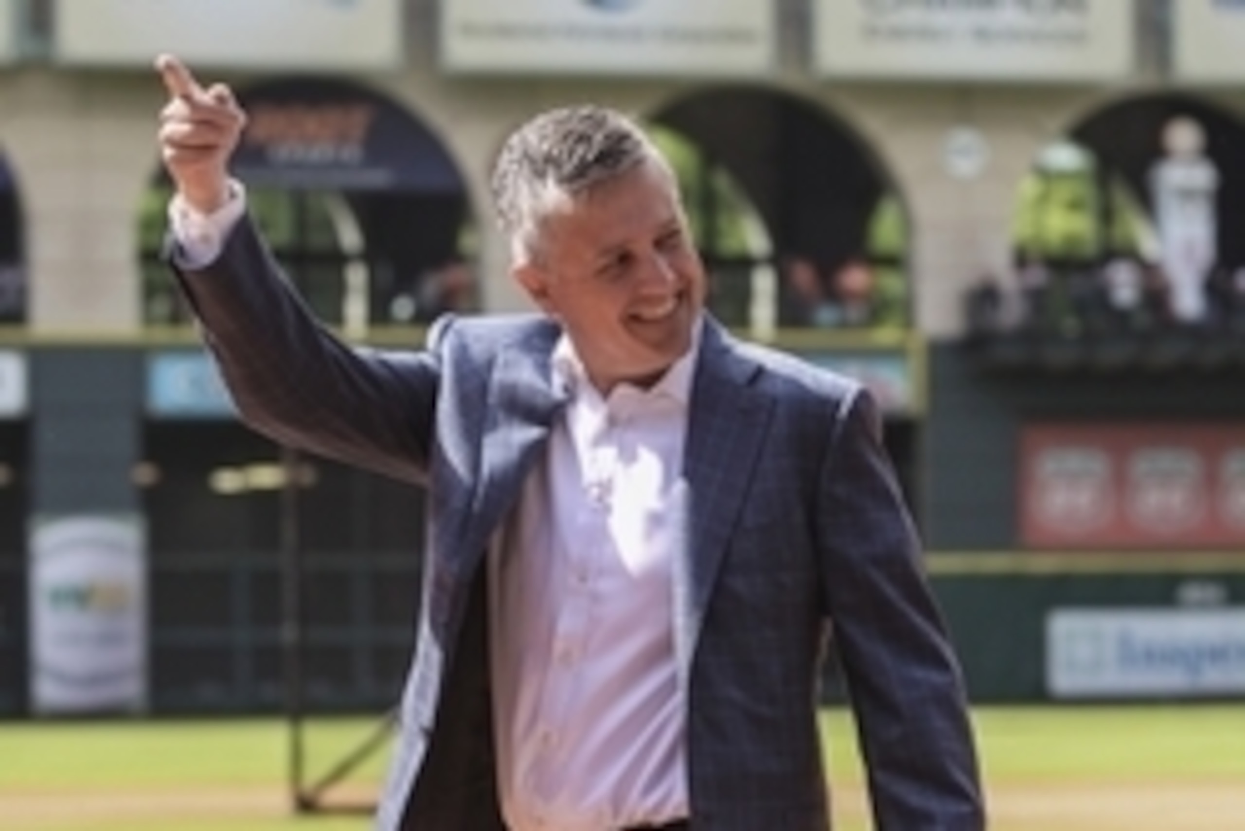 May 2, 2015; Houston, TX, USA; Houston Astros general manager Jeff Luhnow waves to the crowd before a game against the Seattle Mariners at Minute Maid Park. Mandatory Credit: Troy Taormina-USA TODAY Sports