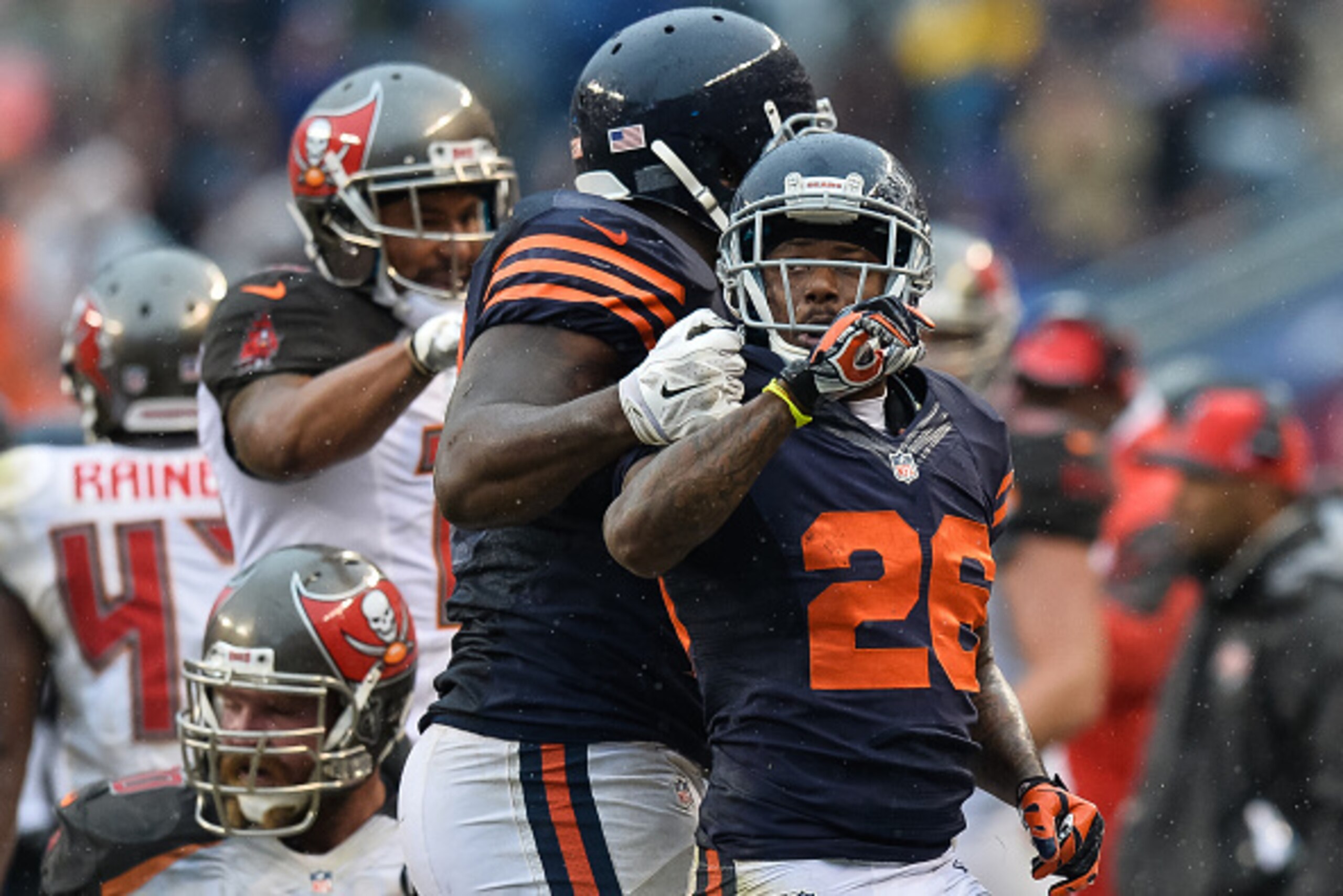 CHICAGO, IL - NOVEMBER 23:  Cornerback Tim Jennings #26 of the Chicago Bears celebrates after recovering a fumble against the Tampa Bay Buccaneers in the third quarter at Soldier Field on November 23, 2014 in Chicago, Illinois.  (Photo by Brian Kersey/Get