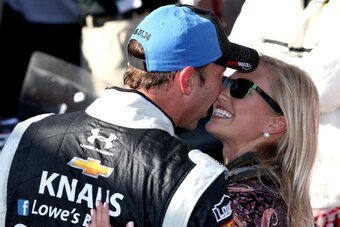 DOVER, DE - JUNE 01:  Chad Knaus, crew chief of the #48 Lowe's/Kobalt Tools Chevrolet, celebrates with girlfriend Brooke Werner in Victory Lane after winning the NASCAR Sprint Cup Series FedEx 400 Benefiting Autism Speaks at Dover International Speedway o