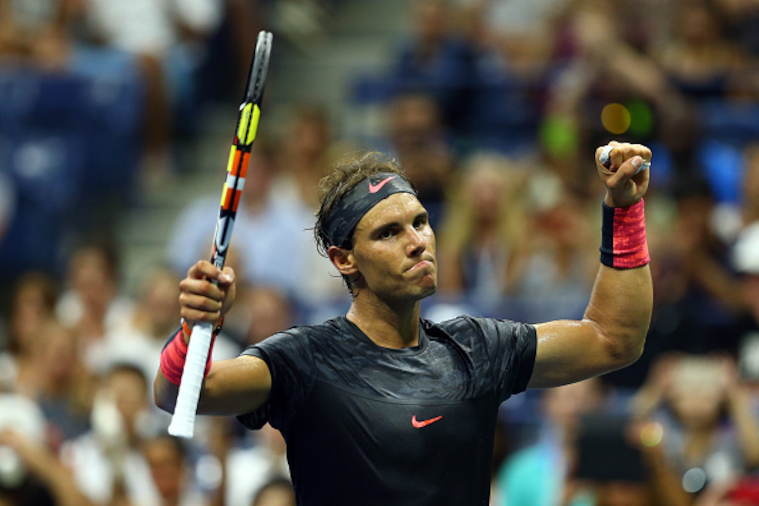 NEW YORK, NY - AUGUST 31: Rafael Nadal of Spain celebrates after defeating Borna Coric of Croatia during their Men's Singles First Round match on Day One of the 2015 US Open at the USTA Billie Jean King National Tennis Center on August 31, 2015 in the Fl NEW YORK, NY - AUGUST 31: Rafael Nadal of Spain celebrates after defeating Borna Coric of Croatia during their Men's Singles First Round match on Day One of the 2015 US Open at the USTA Billie Jean King National Tennis Center on August 31, 2015 in the Fl