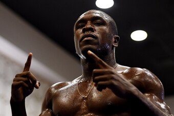 Boxer Andre Berto gestures during a workout at the Marriott Hotel in Los Angeles, California on August 28, 2015, before his September 12 fight against Floyd 'Money' Mayweather that will take place at the MGM Grand Garden Arena in Las Vegas.  Mayweather cl
