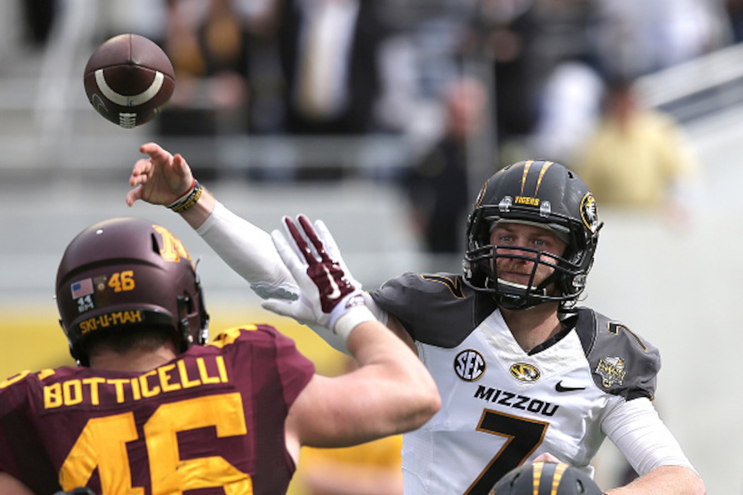 ORLANDO, FL - JANUARY 01: Maty Mauk #7 of the Missouri Tigers throws a pass during the Buffalo Wild Wings Citrus Bowl between the Minnesota Golden Gophers and the Missouri Tigers at the Florida Citrus Bowl on January 1, 2015 in Orlando, Florida. (Photo by