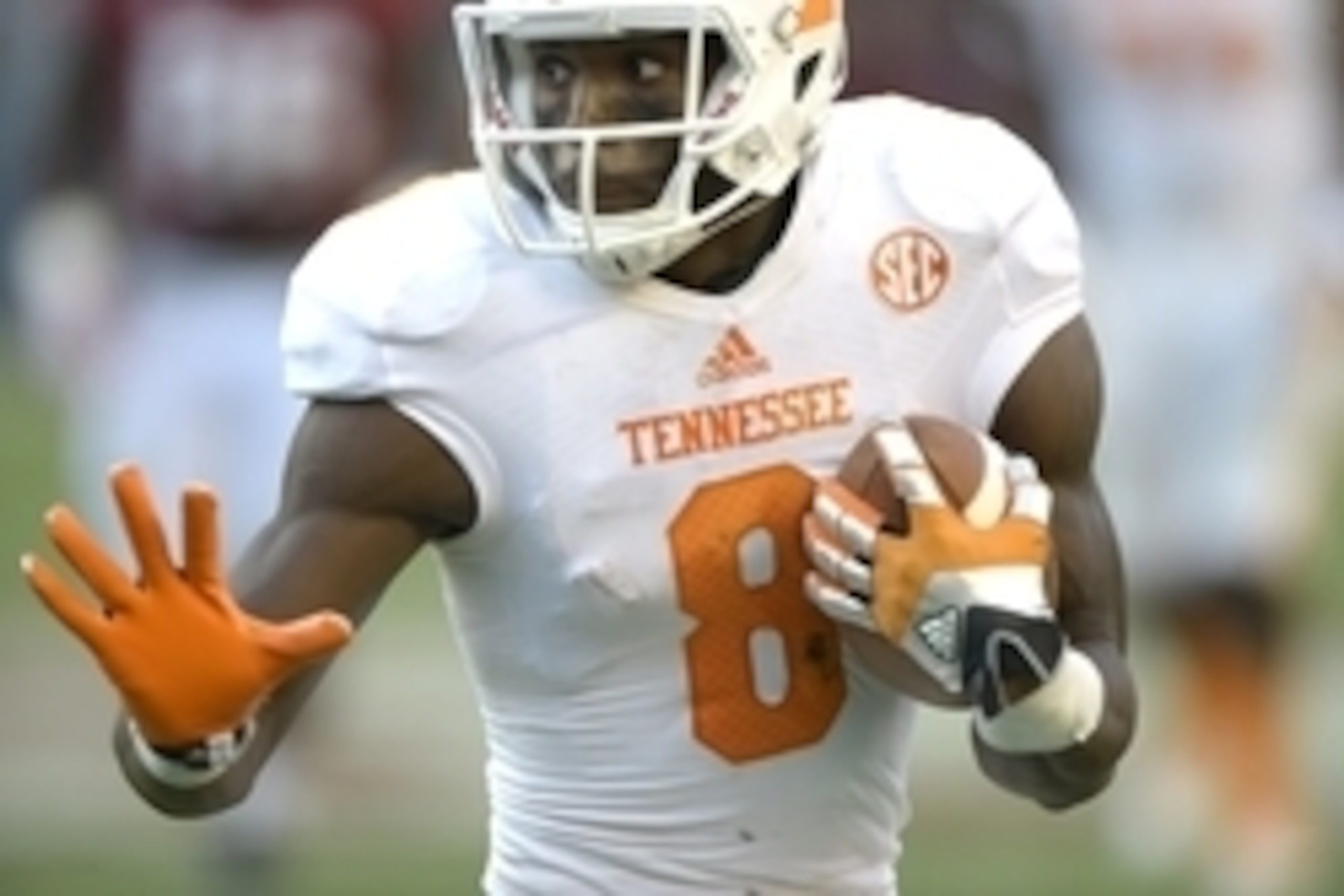 Oct 26, 2013; Tuscaloosa, AL, USA; Tennessee Volunteers wide receiver Marquez North (8) carries the ball up the field against the Alabama Crimson Tide during the first quarter at Bryant-Denny Stadium. Mandatory Credit: John David Mercer-USA TODAY Sports