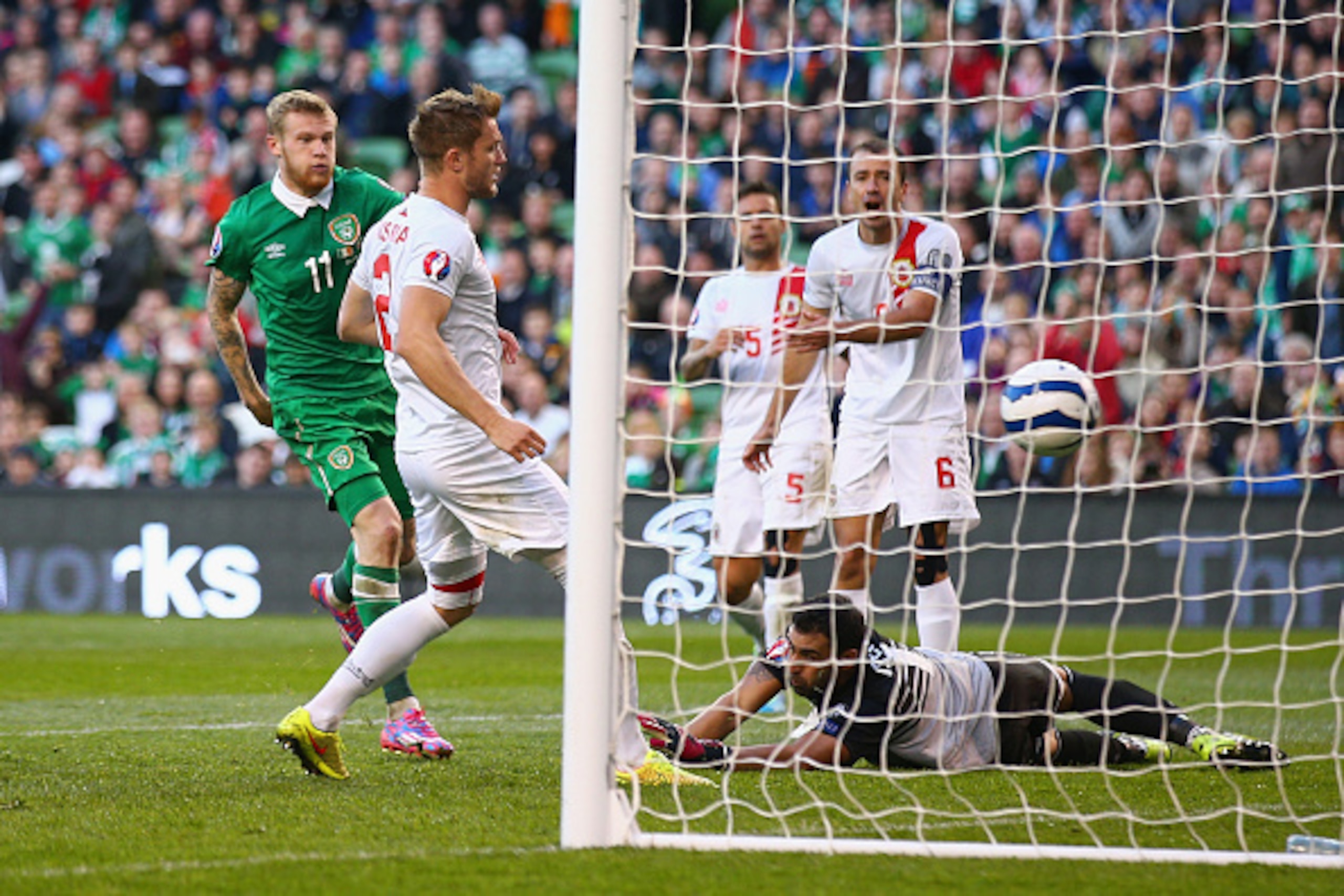 DUBLIN, IRELAND - OCTOBER 11:  James McClean of Republic of Ireland scores a goal during the EURO 2016 Qualifier match between Republic of Ireland and Gibraltar at Aviva Stadium on October 11, 2014 in Dublin, Ireland.  (Photo by Ian Walton/Getty Images)