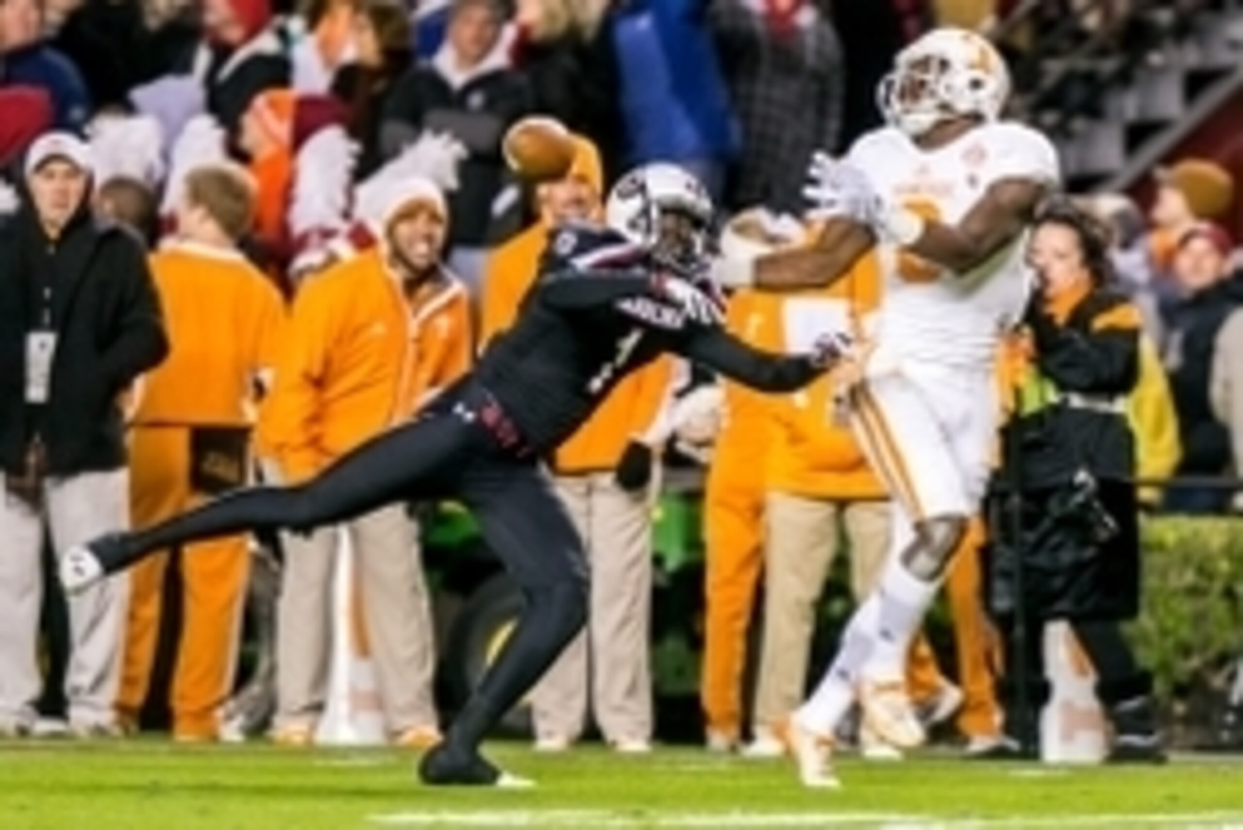 Nov 1, 2014; Columbia, SC, USA; South Carolina Gamecocks cornerback Rico McWilliams (1) breaks up a pass intended for Tennessee Volunteers wide receiver Marquez North (8) in the second quarter at Williams-Brice Stadium. Mandatory Credit: Jeff Blake-USA TO