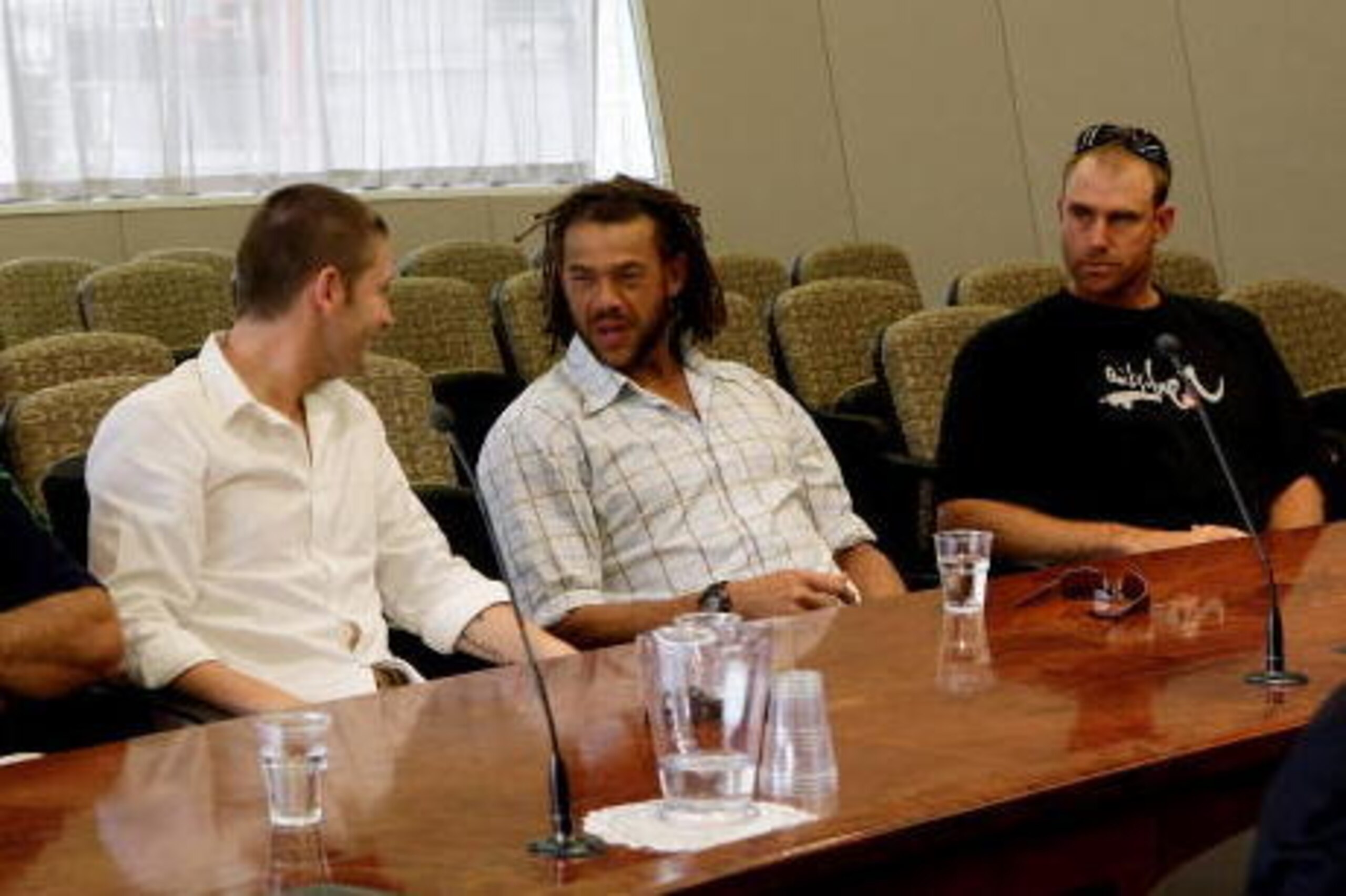 ADELAIDE, AUSTRALIA - JANUARY 29:  Australian players Ricky Ponting, Michael Clarke, Andrew Symonds and Matthew Hayden are seen prior to the start of the appeal hearing against a three-match ban imposed on Indian cricketer Harbhajan Singh by the ICC at th