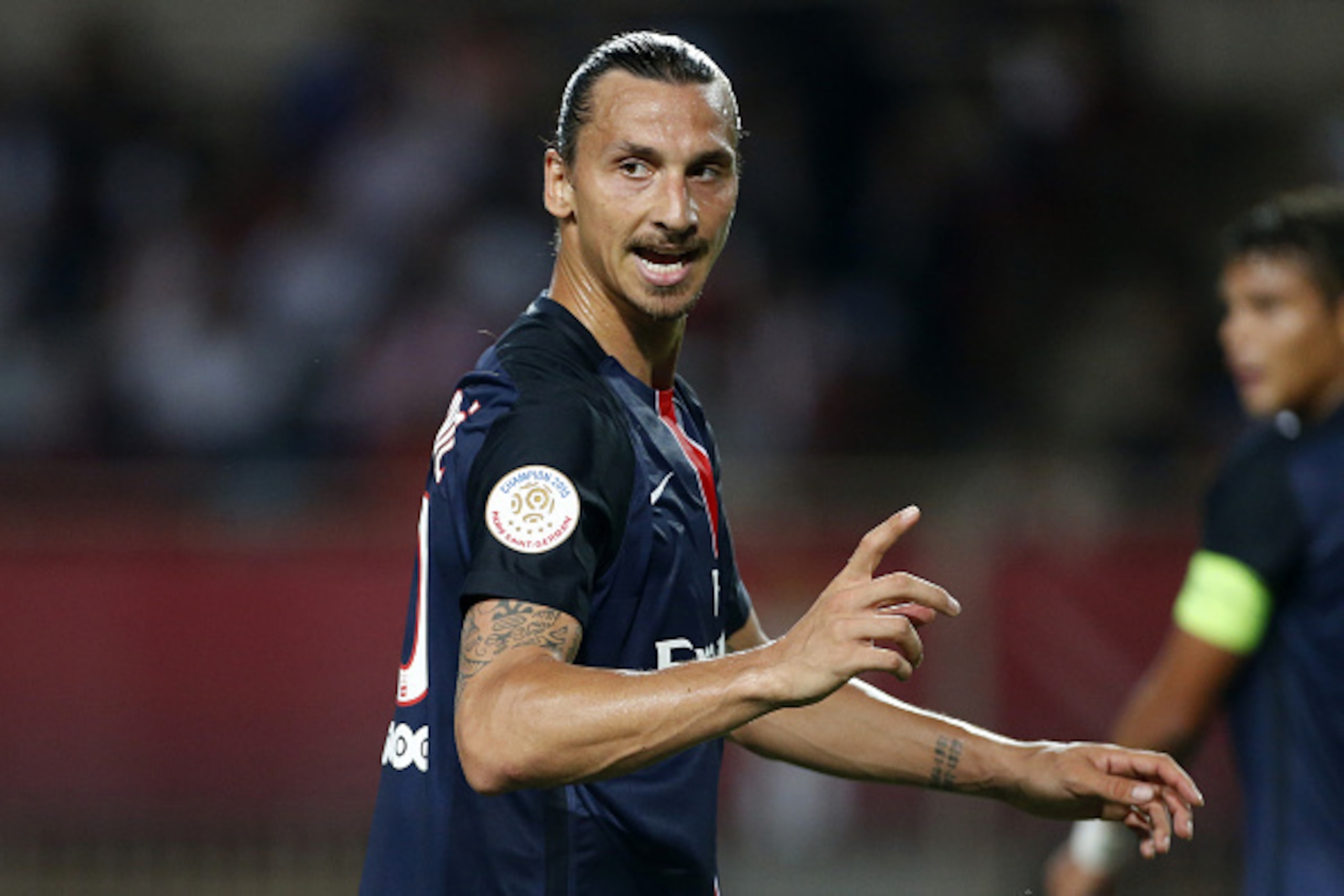 MONACO - AUGUST 30: Zlatan Ibrahimovic of PSG reacts during the French Ligue 1 match between AS Monaco and Paris Saint-Germain at Stade Louis II on August 30, 2015 in Monaco. (Photo by Jean Catuffe/Getty Images)