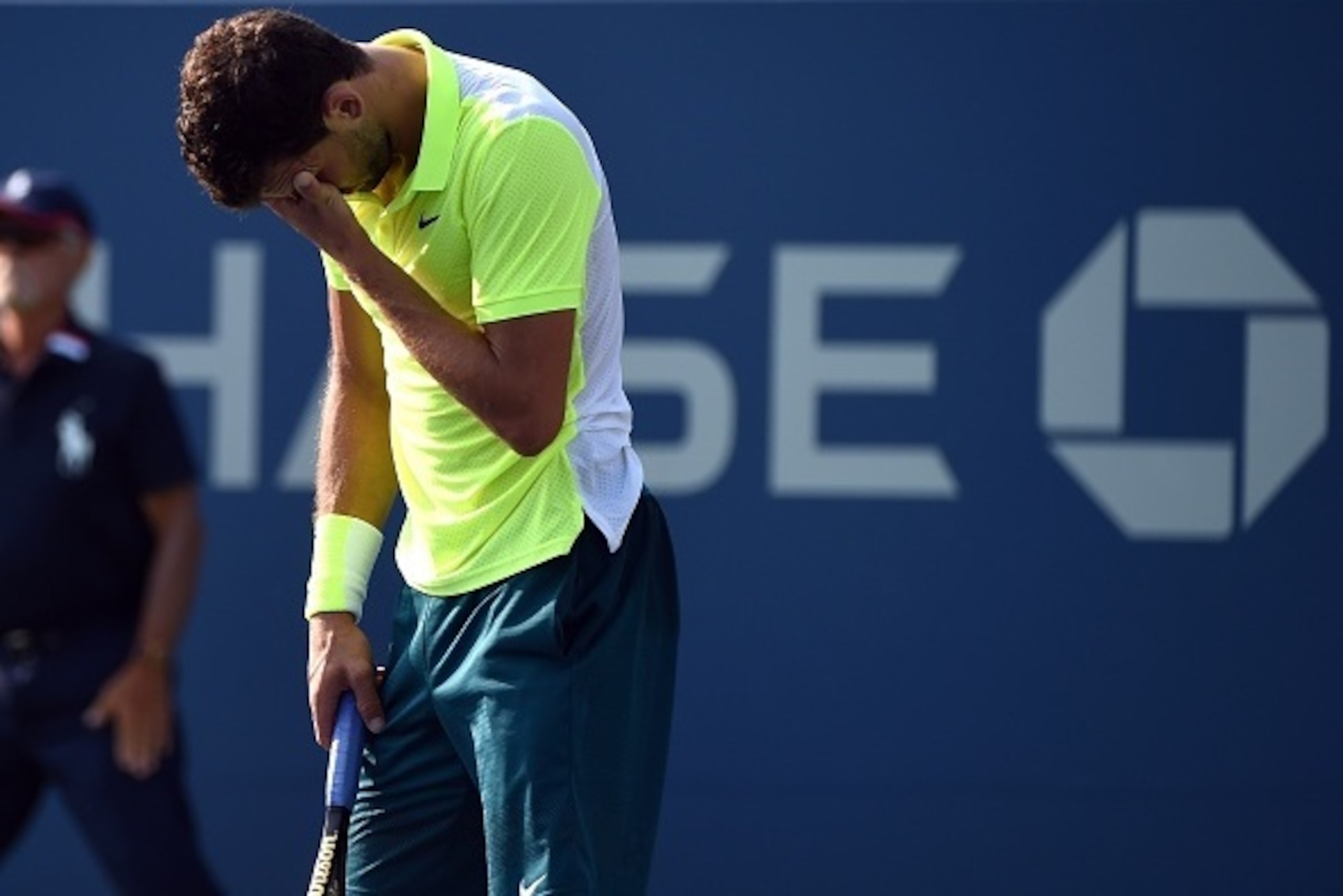 Grigor Dimitrov of Bulgaria reacts to a shot against Mikhail Kukushkin of Kazakhstan during their 2015 US Open Men's singles round two match at the USTA Billie Jean King National Tennis Center September 2, 2015 in New York.  AFP PHOTO /  TIMOTHY  A. CLARY