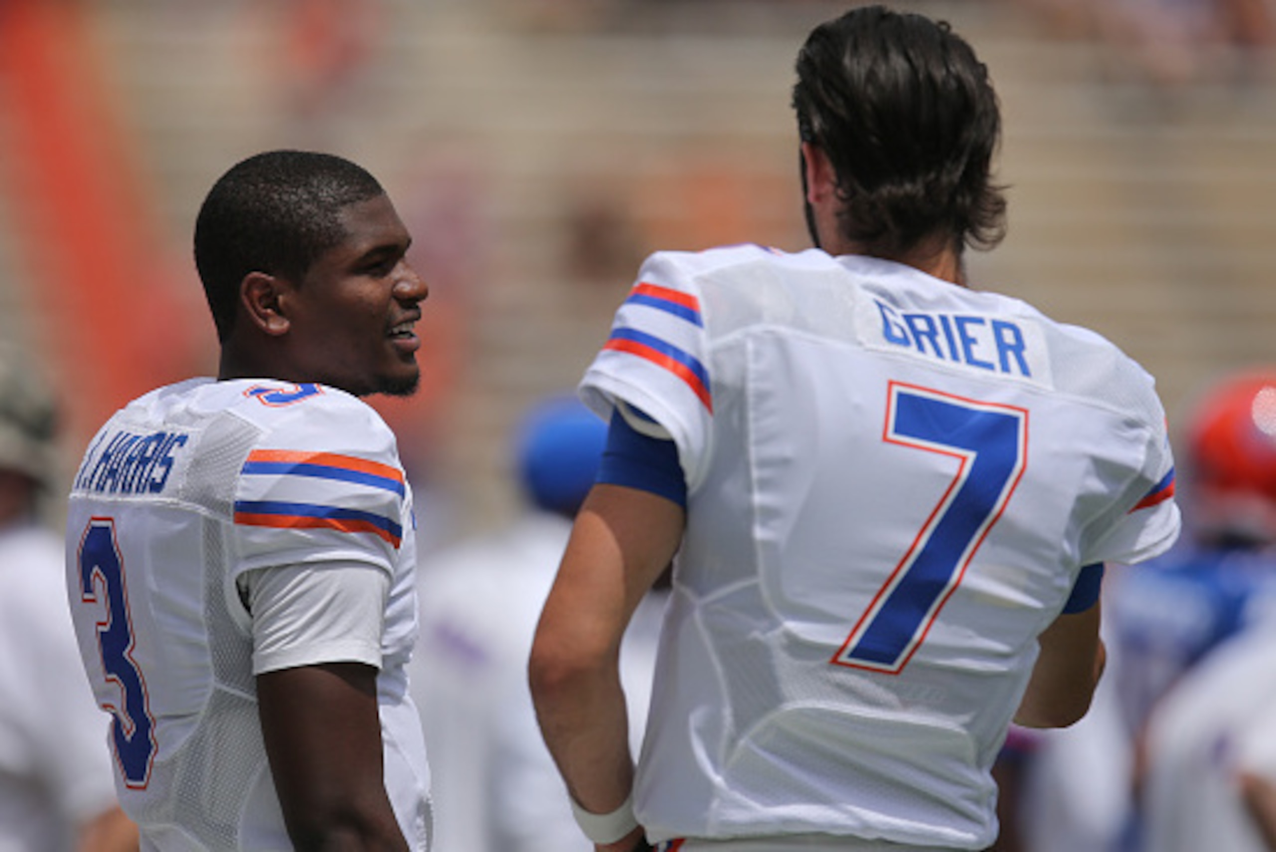 GAINESVILLE, FL - APRIL 11:  Florida Gators quarterbacks Treon Harris #3 and Will Grier #7 talk on the sidelines during the spring football game on April 11, 2015 in Gainesville, Florida.  (Photo by Rob Foldy/Getty Images)