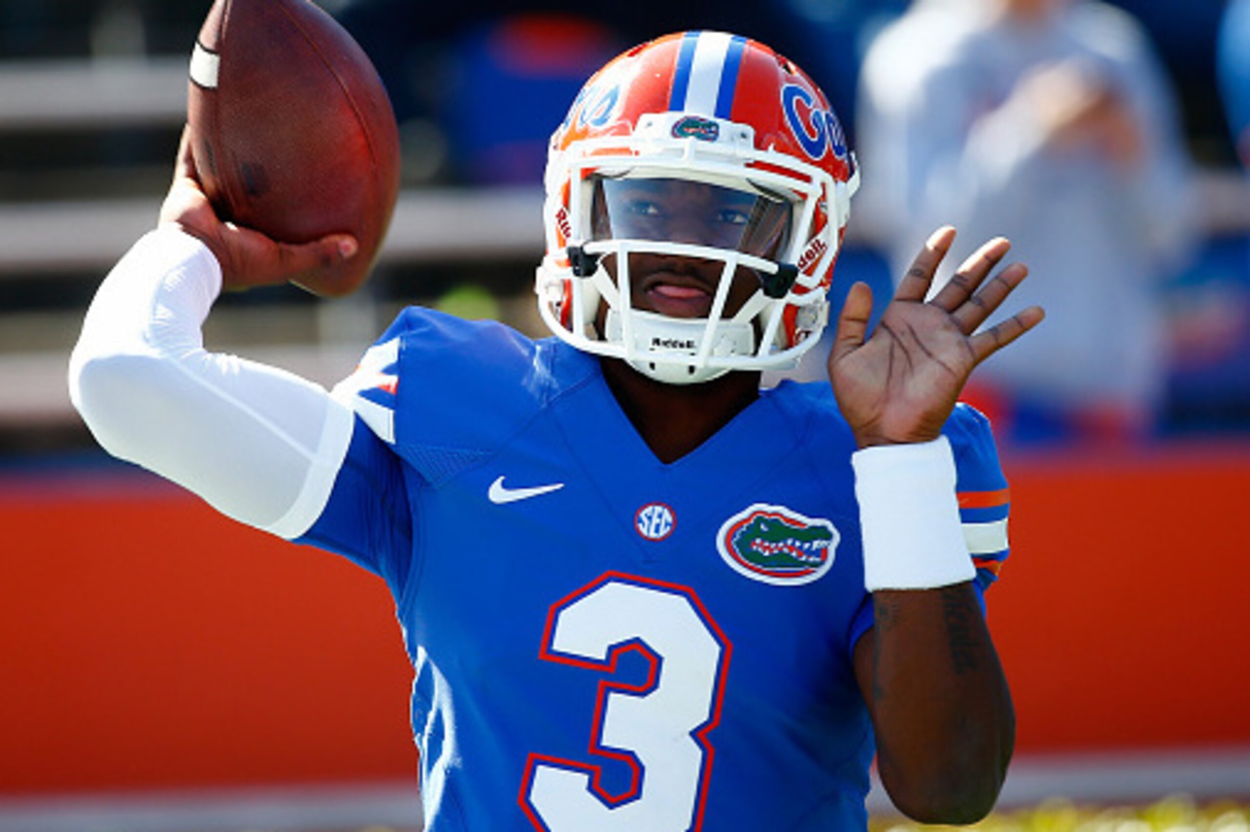 GAINESVILLE, FL - NOVEMBER 15:  Treon Harris #3 of the Florida Gators warms up before the game against the South Carolina Gamecocks at Ben Hill Griffin Stadium on November 15, 2014 in Gainesville, Florida.  (Photo by Sam Greenwood/Getty Images)