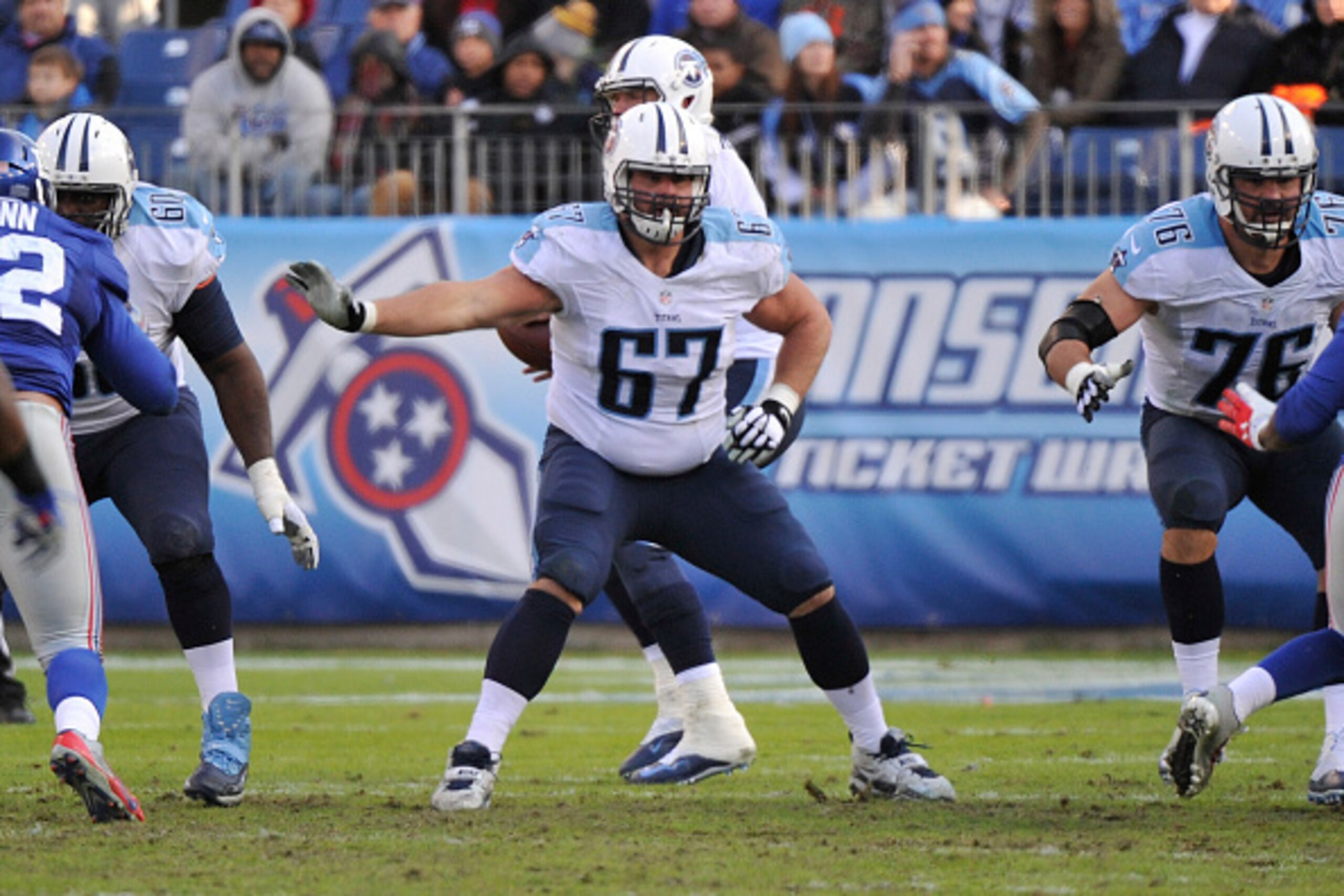 NASHVILLE, TN - DECEMBER 07:  Andy Levitre #67 of the Tennessee Titans plays against the New York Giants at LP Field on December 7, 2014 in Nashville, Tennessee.  (Photo by Frederick Breedon/Getty Images)