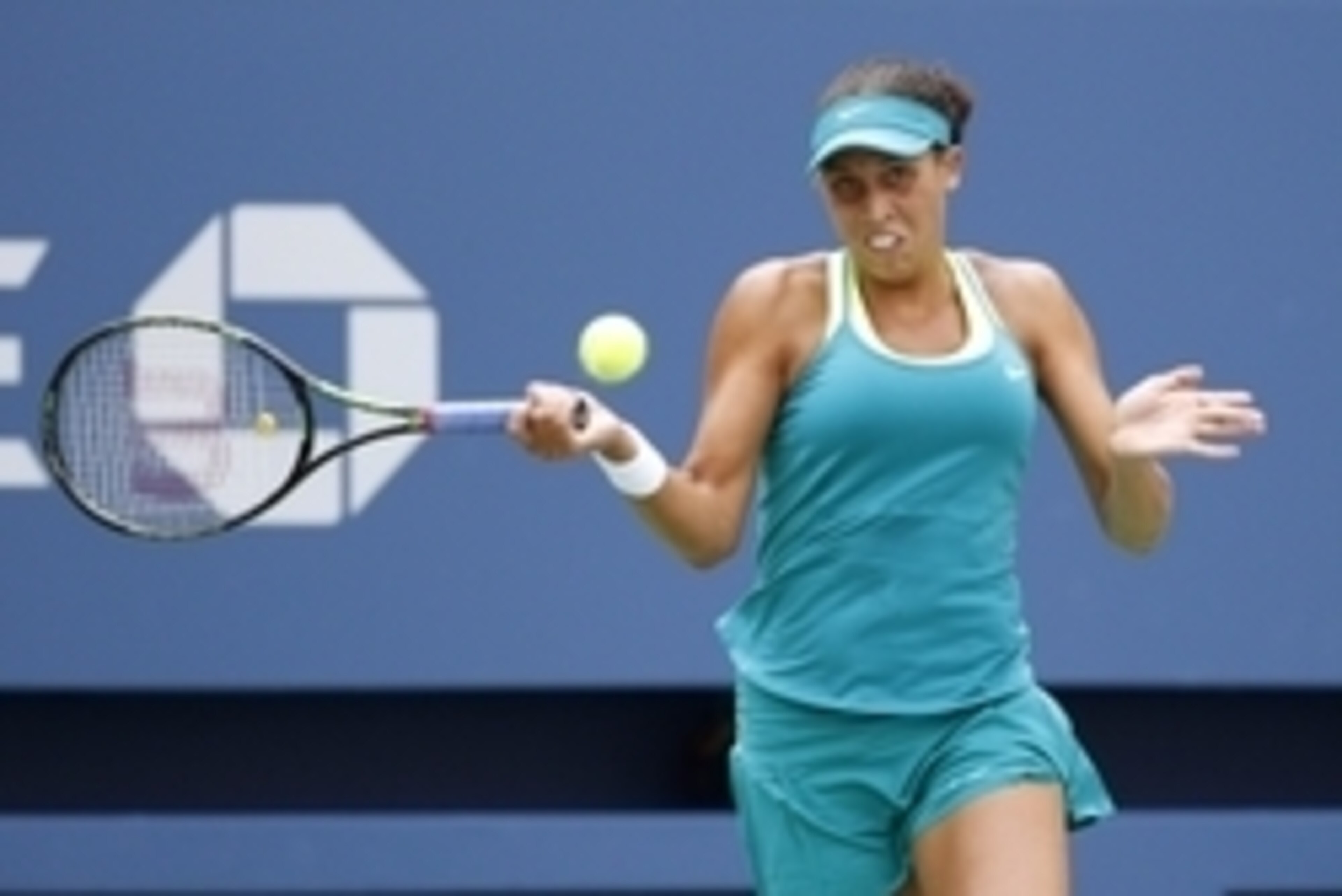 Sep 2, 2015; New York, NY, USA; Madison Keys of the United States returns a shot to Tereza Smitkova of Czech Republic on day three of the 2015 U.S. Open tennis tournament at USTA Billie Jean King National Tennis Center. Mandatory Credit: Geoff Burke-USA T