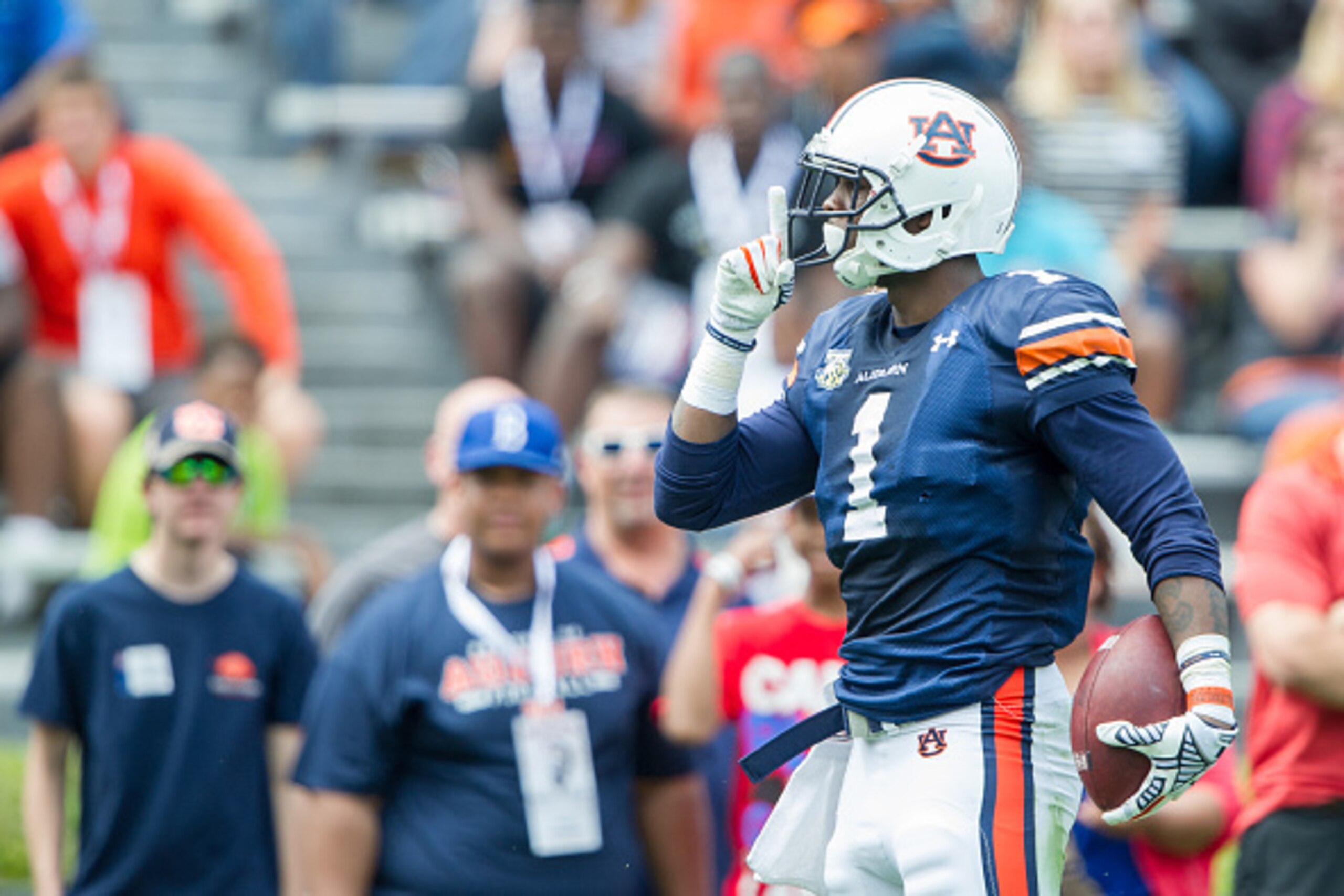 AUBURN, AL - APRIL 18: D'haquille Williams #1 of Auburn Tigers signals to the fans after scoring a touchdown during Auburn's A-Day game on April 18, 2015 at Jordan-Hare Stadium in Auburn, Alabama. (Photo by Michael Chang/Getty Images)
