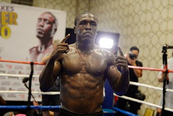 LOS ANGELES, CA - AUGUST 28: Andre Berto, former two-time welterweight world champion, poses during a media workout in preparation for his fight against Floyd Mayweather Jr. August 28, 2015, in Los Angeles, California. Mayweather will defend his WBC/WBA w
