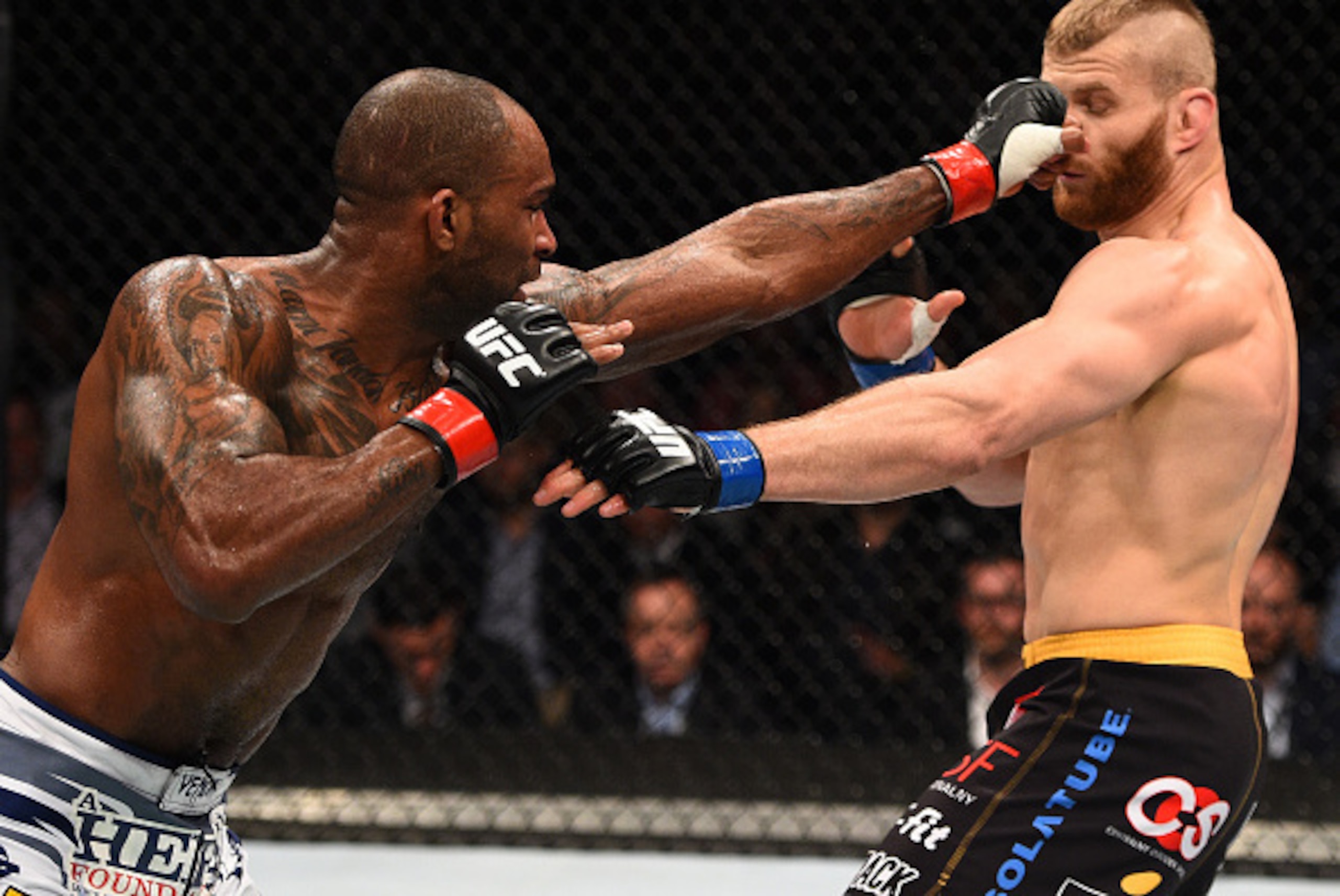 KRAKOW, POLAND - APRIL 11:  (L-R) Jimi Manuwa of England punches Jan Blachowicz of Poland in their light heavyweight fight during the UFC Fight Night event at the Tauron Arena on April 11, 2015 in Krakow, Poland. (Photo by Jeff Bottari/Zuffa LLC/Zuffa LLC