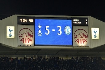 The scoreboard displays the final score after the English Premier League football match between Tottenham Hotspur and Chelsea at White Hart Lane in London on January 1, 2015. Tottenham won the game 5-3. AFP PHOTO / GLYN KIRK

== RESTRICTED TO EDITORIAL US