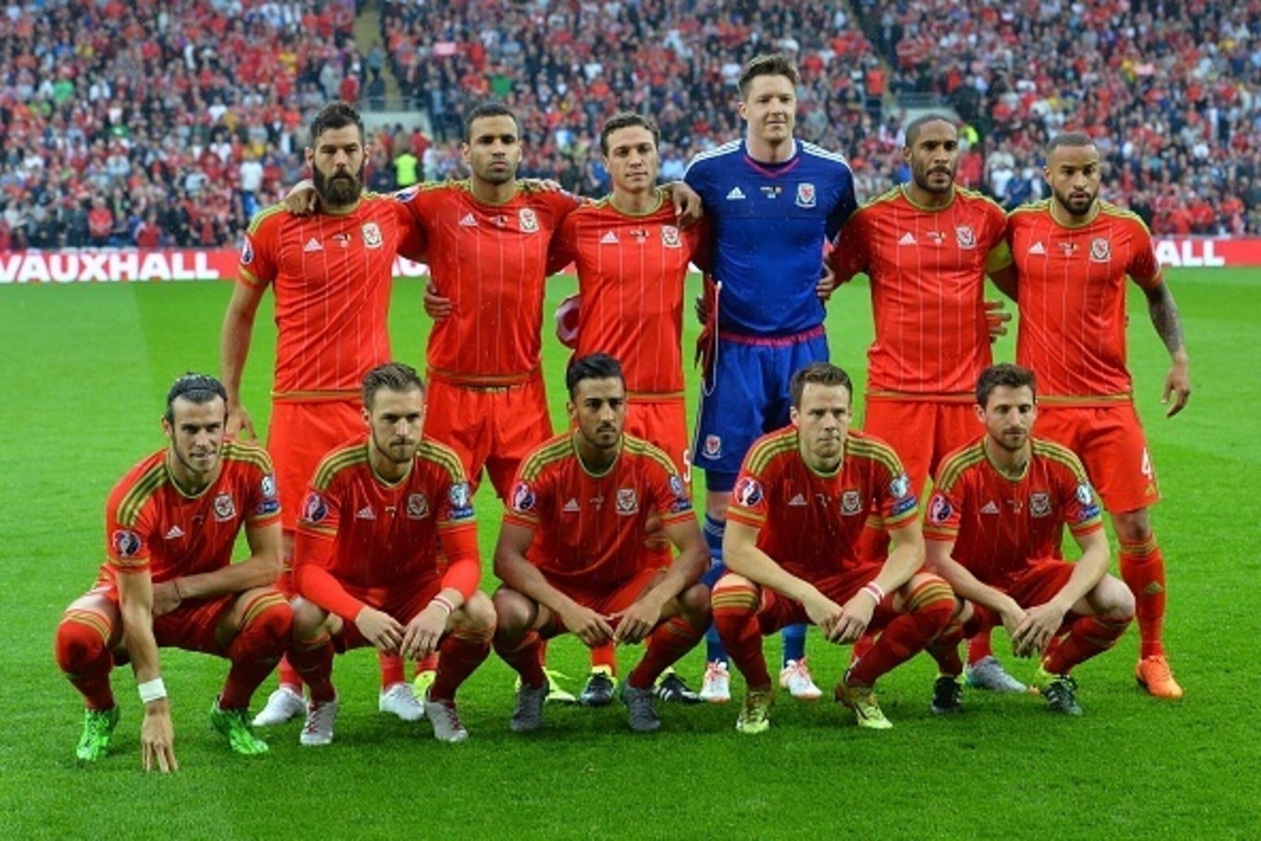 (L-R top) Wales's midfielder Joe Ledley, Wales's midfielder Hal Robson-Kanu, Wales's defender James Chester, Wales's goalkeeper Wayne Hennessey, Wales's defender Ashley Williams, Wales's defender Ashley Richards (L-R bottom) Wales's midfielder Gareth Bale