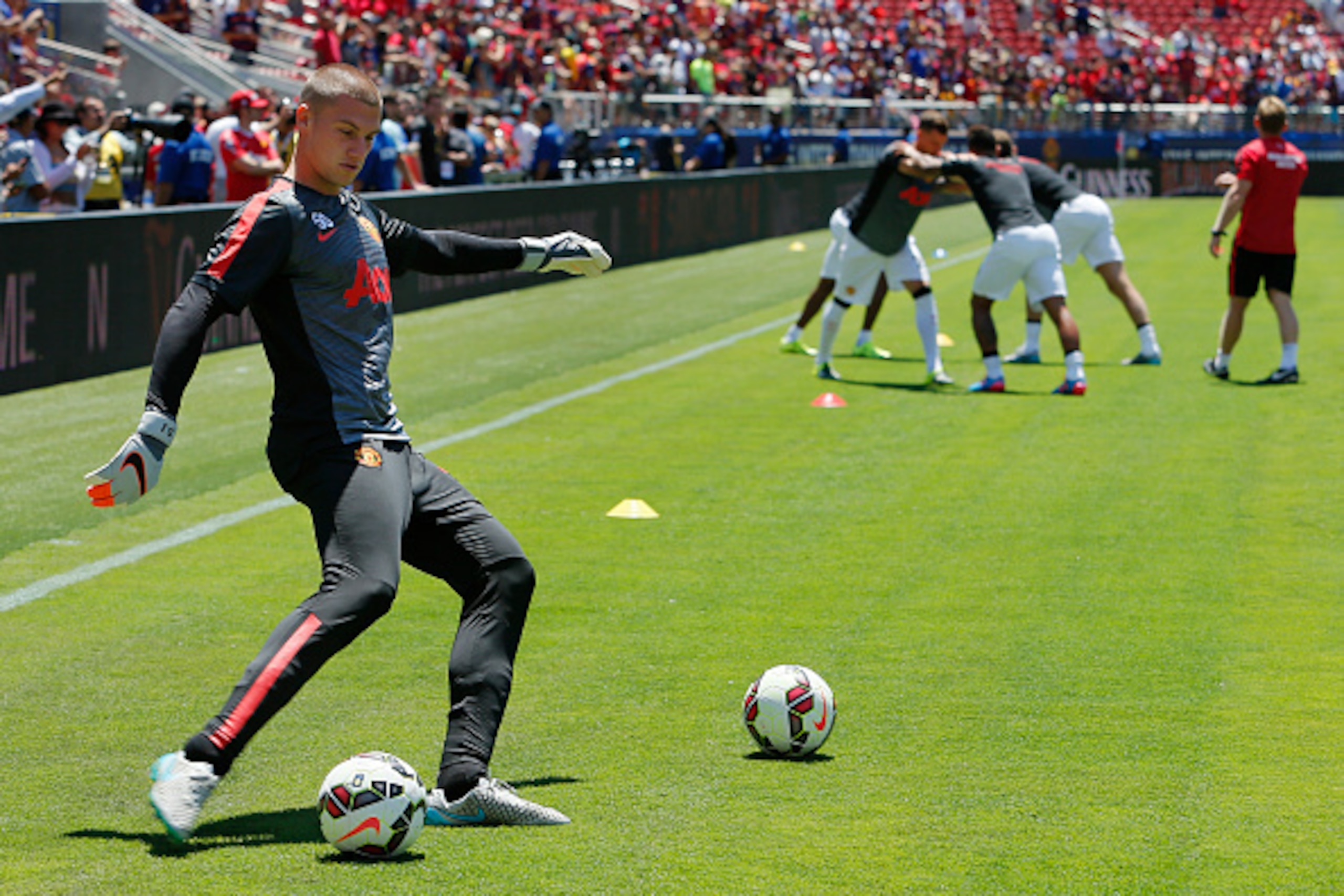 SANTA CLARA, CA - JULY 25:  Goal keeper Sam Johnstone #50 of Manchester United FC warms up before a game against FC Barcelona during the International Champions Cup on July 25, 2015 at Levi's Stadium in Santa Clara, California.  Manchester United won 3-1.