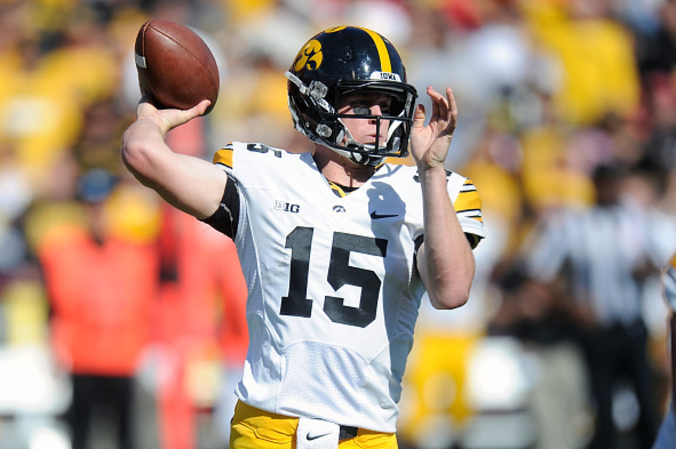 COLLEGE PARK, MD - OCTOBER 18: Jake Rudock #15 of the Iowa Hawkeyes passes the ball against the Maryland Terrapins at Byrd Stadium on October 18, 2014 in College Park, Maryland. (Photo by G Fiume/Maryland Terrapins/Getty Images) COLLEGE PARK, MD - OCTOBER 18: Jake Rudock #15 of the Iowa Hawkeyes passes the ball against the Maryland Terrapins at Byrd Stadium on October 18, 2014 in College Park, Maryland. (Photo by G Fiume/Maryland Terrapins/Getty Images)