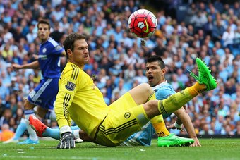 MANCHESTER, ENGLAND - AUGUST 16:  Sergio Aguero of Manchester City fails to score from close range as he is challenged by Asmir Begovic of Chelsea during the Barclays Premier League match between Manchester City and Chelsea at the Etihad Stadium on August