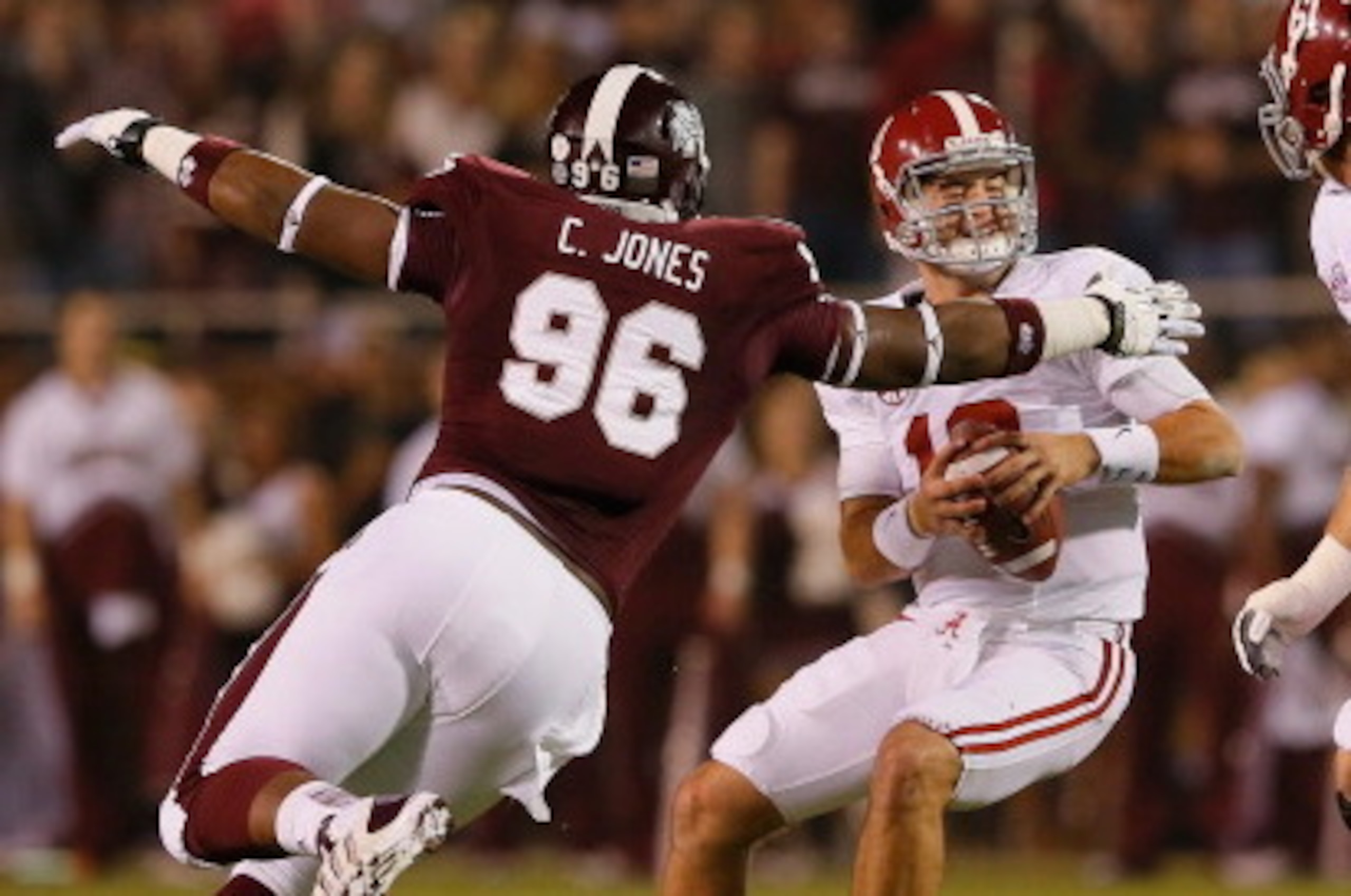 STARKVILLE, MS - NOVEMBER 16:  Chris Jones #96 of the Mississippi State Bulldogs sacks AJ McCarron #10 of the Alabama Crimson Tide at Davis Wade Stadium on November 16, 2013 in Starkville, Mississippi.  (Photo by Kevin C. Cox/Getty Images)