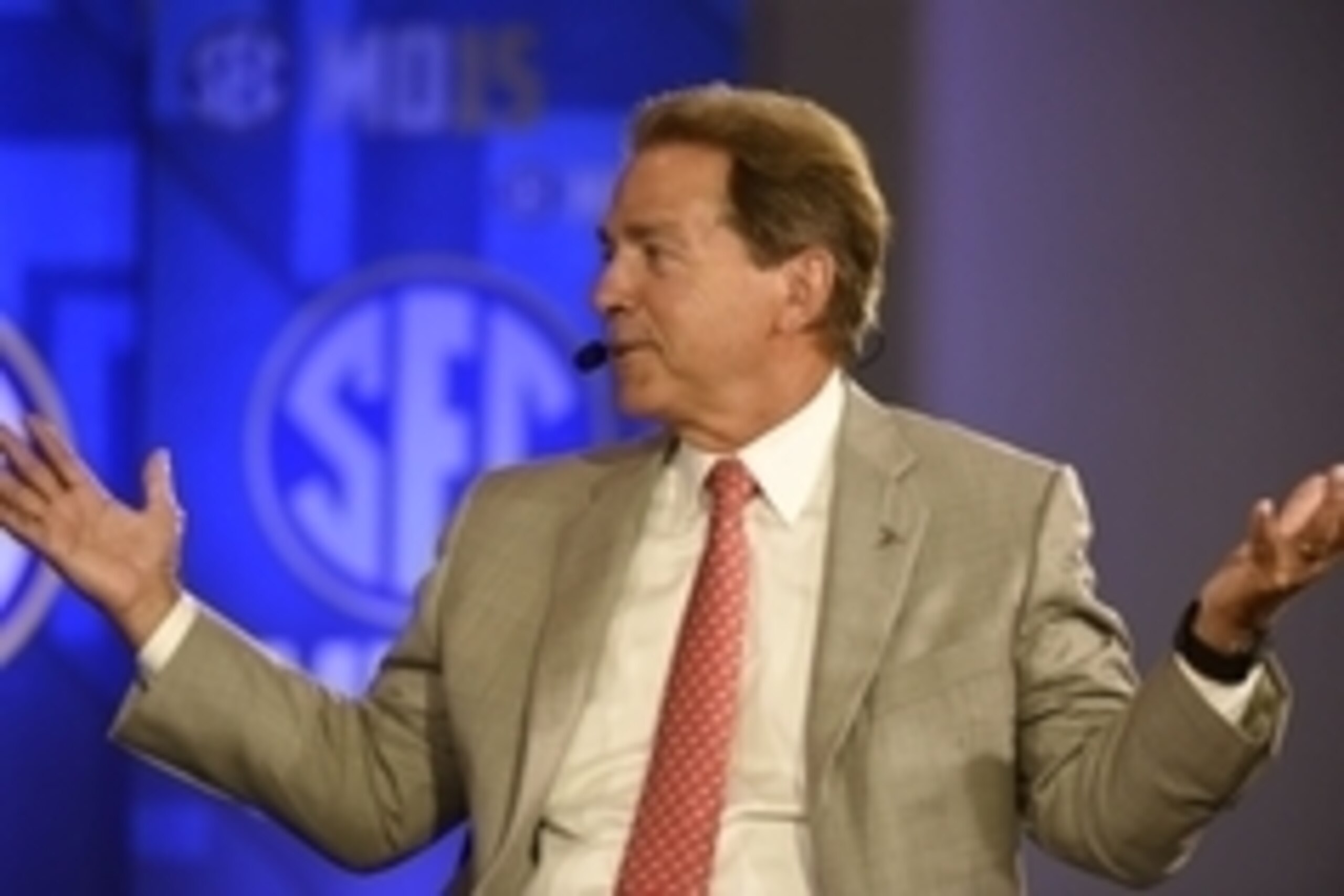 Jul 15, 2015; Birmingham, AL, USA; Alabama Crimson Tide head coach Nick Saban speaks to ESPN during SEC media day at the Wynfrey Hotel. Mandatory Credit: Shanna Lockwood-USA TODAY Sports