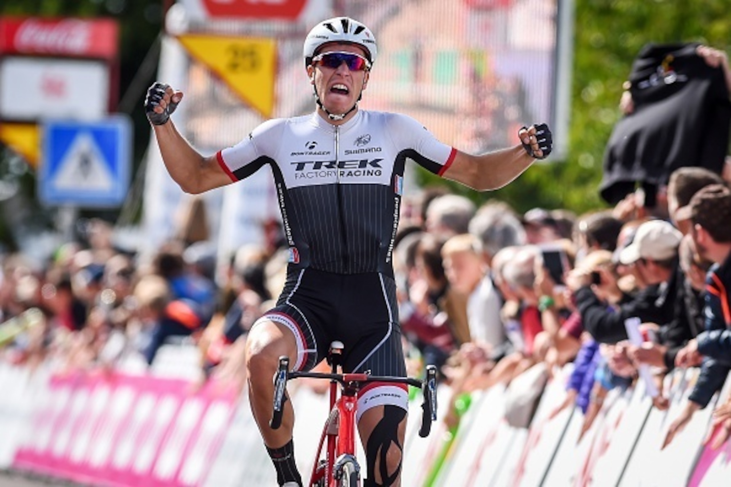 ***BELGIUM OUT***
Dutch Danny Van Poppel of US Trek Factory Racing team celebrates as he crosses the finish line to win the final stage of the Tour De Wallonie cycling race, 167,3 km from Chimay to Thuin, on July 29, 2015. AFP PHOTO / BELGA / LUC CLAESSEN