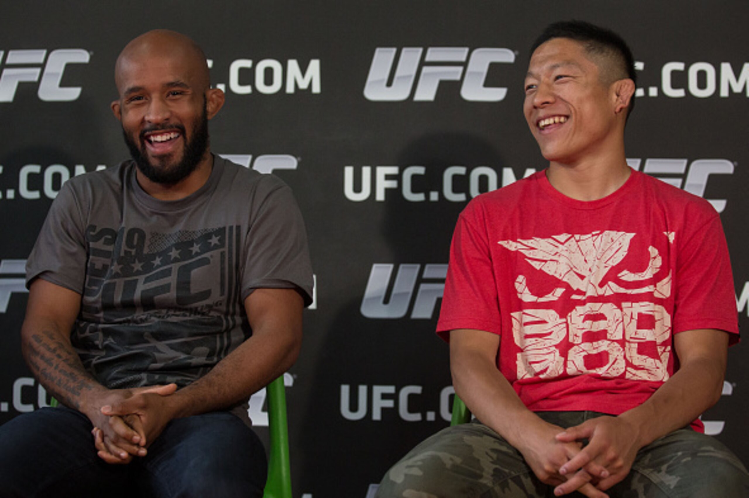 TOKYO, JAPAN - MAY 18:  Current UFC Flyweight Champion Demetrious Johnson (L) and  Japanese Flyweight, UFC fighter Kyoji Horiguchi talk to the media during a press conference at Krazy Bee Gym on May 18, 2015 in Tokyo, Japan.  (Photo by Chris McGrath/Zuffa