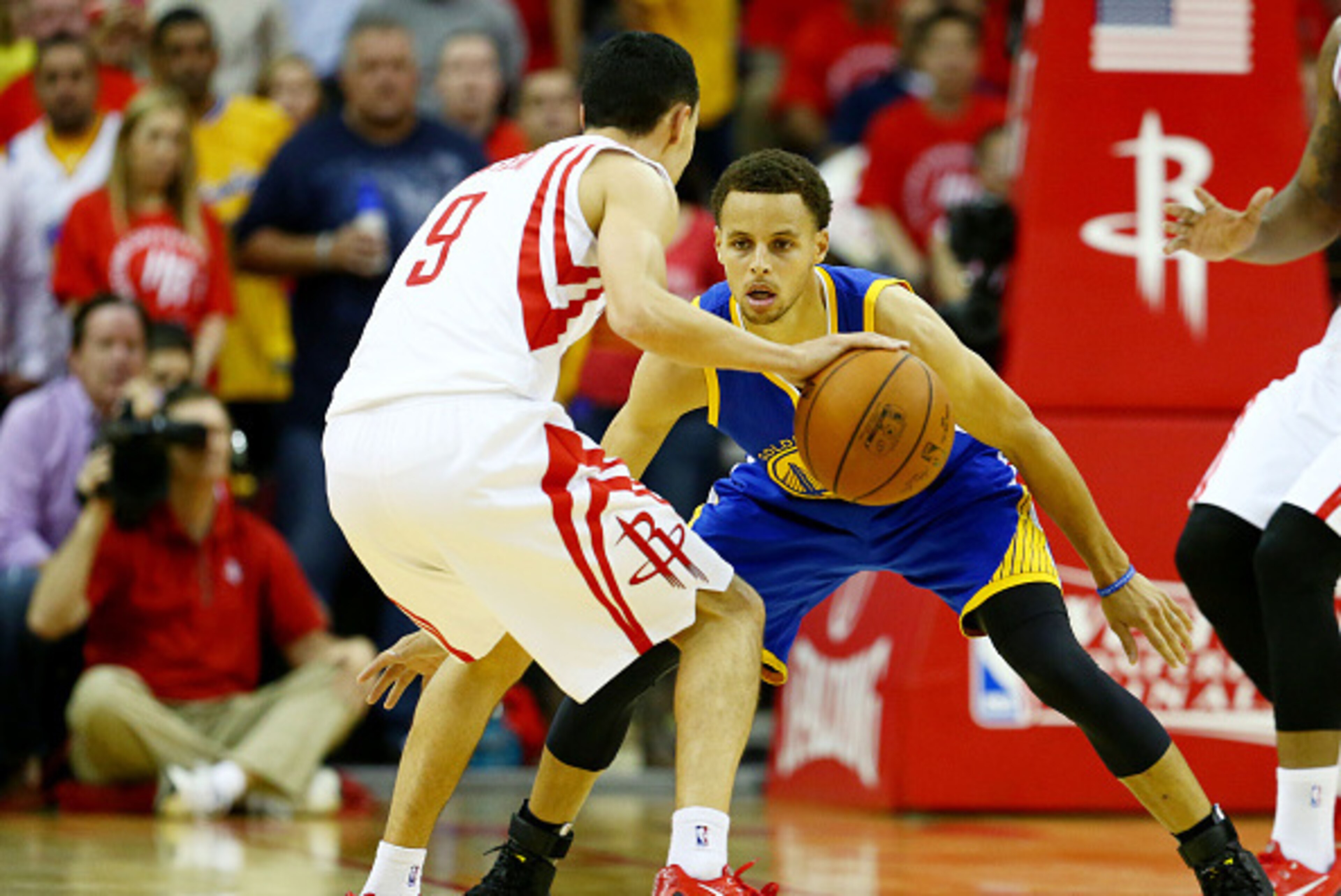 HOUSTON, TX - MAY 25:  Stephen Curry #30 of the Golden State Warriors defends against Pablo Prigioni #9 of the Houston Rockets in the fourth quarter during Game Four of the Western Conference Finals of the 2015 NBA Playoffs at Toyota Center on May 25, 201