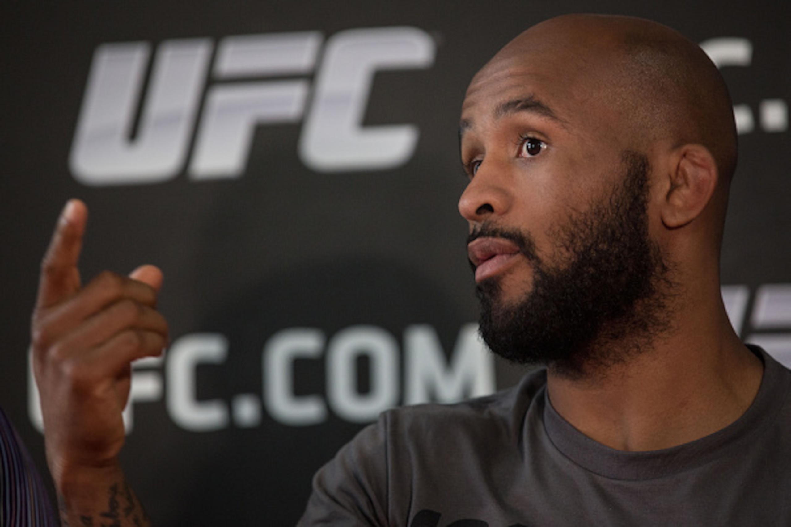 TOKYO, JAPAN - MAY 18:  Current UFC Flyweight Champion Demetrious Johnson talks to the media during a press conference at Krazy Bee Gym on May 18, 2015 in Tokyo, Japan.  (Photo by Chris McGrath/Zuffa LLC/Zuffa LLC)