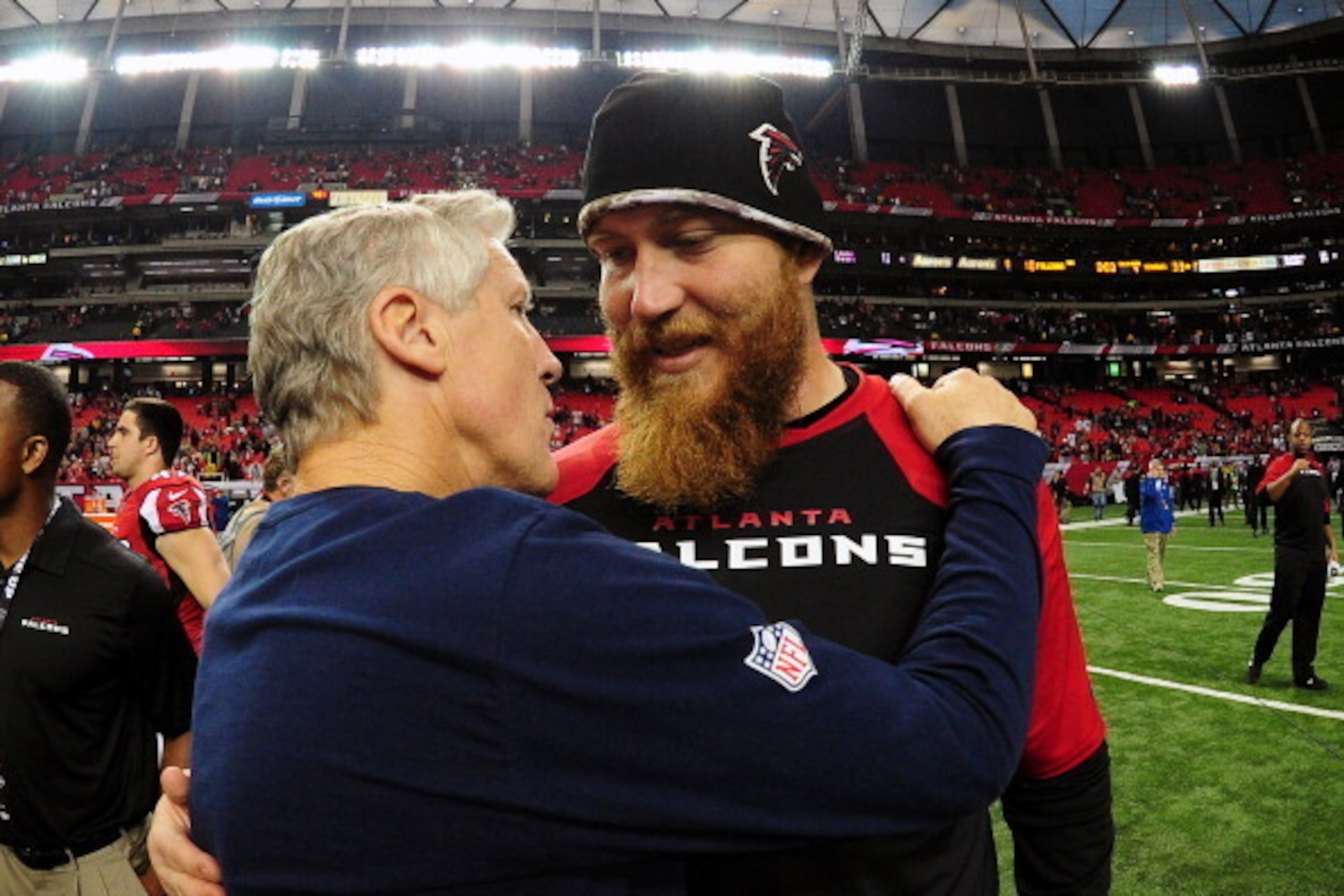 ATLANTA, GA - NOVEMBER 10: Head Coach Pete Carroll (L) of the Seattle Seahawks is greeted by Sam Baker #72 of the Atlanta Falcons after the game at the Georgia Dome on November 10, 2013 in Atlanta, Georgia. (Photo by Scott Cunningham/Getty Images) ATLANTA, GA - NOVEMBER 10: Head Coach Pete Carroll (L) of the Seattle Seahawks is greeted by Sam Baker #72 of the Atlanta Falcons after the game at the Georgia Dome on November 10, 2013 in Atlanta, Georgia. (Photo by Scott Cunningham/Getty Images)