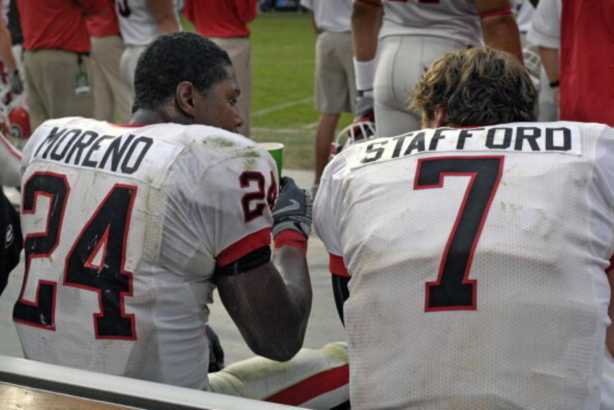 ORLANDO, FL - JANUARY 1: Running back Knowshon Moreno #24 of the University of Georgia talks with quarterback Matthew Stafford #7 against the Michigan State Spartans during the 2009 Capital One Bowl at the Citrus Bowl on January 1, 2009 in Orlando, Florid ORLANDO, FL - JANUARY 1: Running back Knowshon Moreno #24 of the University of Georgia talks with quarterback Matthew Stafford #7 against the Michigan State Spartans during the 2009 Capital One Bowl at the Citrus Bowl on January 1, 2009 in Orlando, Florid