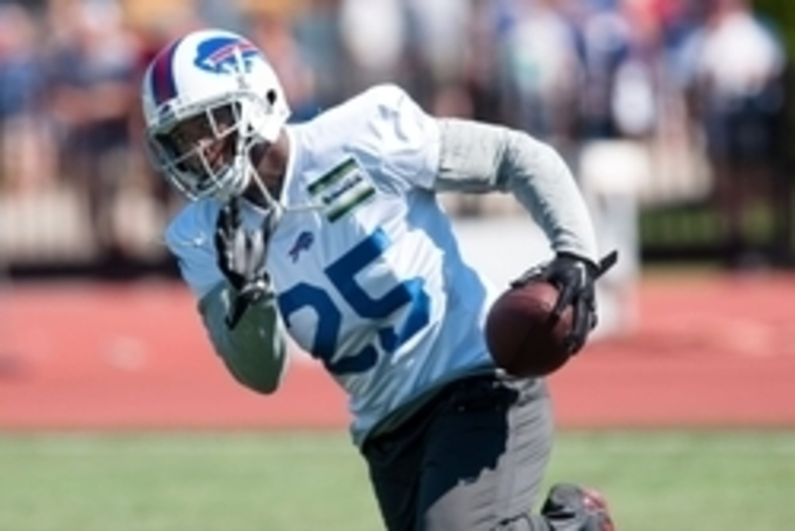 Jul 31, 2015; Pittsford, NY, USA; Buffalo Bills running back LeSean McCoy (25) turns up field after catching a pass during training camp at St. John Fisher College. Mandatory Credit: Mark Konezny-USA TODAY Sports