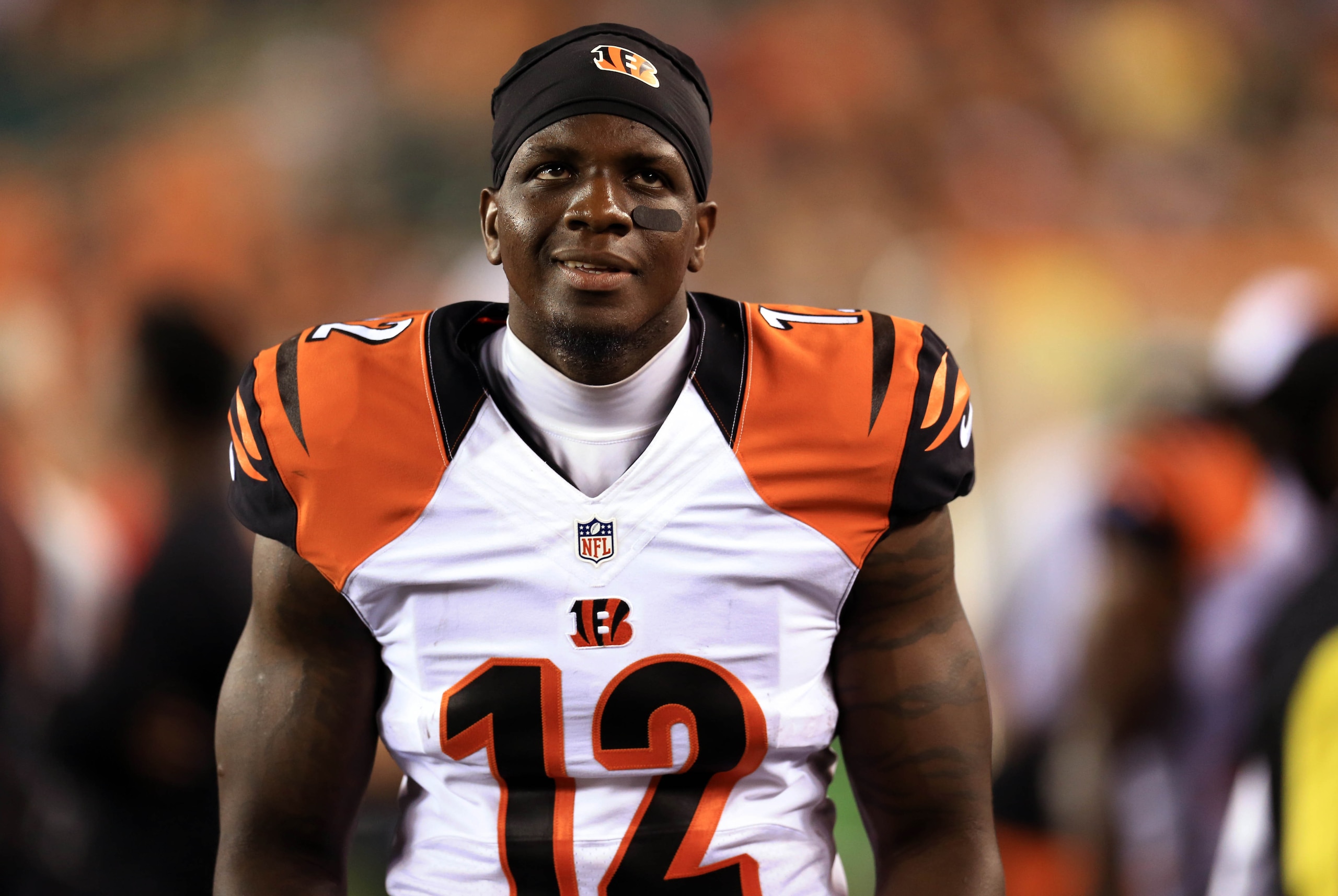 Aug 14, 2015; Cincinnati, OH, USA; Cincinnati Bengals wide receiver Mohamed Sanu (12) in a preseason NFL football game against the New York Giants at Paul Brown Stadium. Mandatory Credit: Andrew Weber-USA TODAY Sports