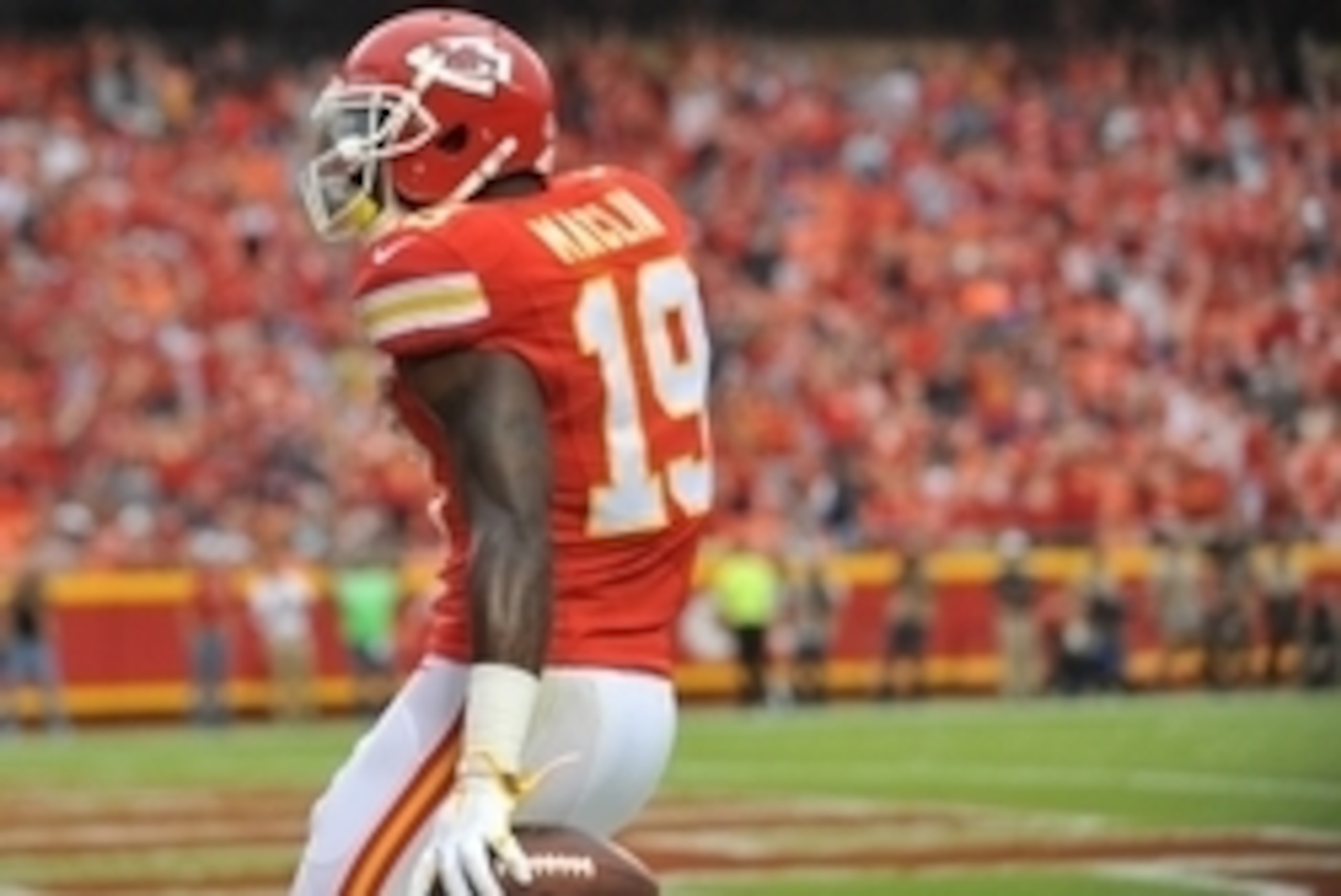 Aug 28, 2015; Kansas City, MO, USA; Kansas City Chiefs wide receiver Jeremy Maclin (19) celebrates after scoring during the first half against the Tennessee Titans at Arrowhead Stadium. Mandatory Credit: Denny Medley-USA TODAY Sports