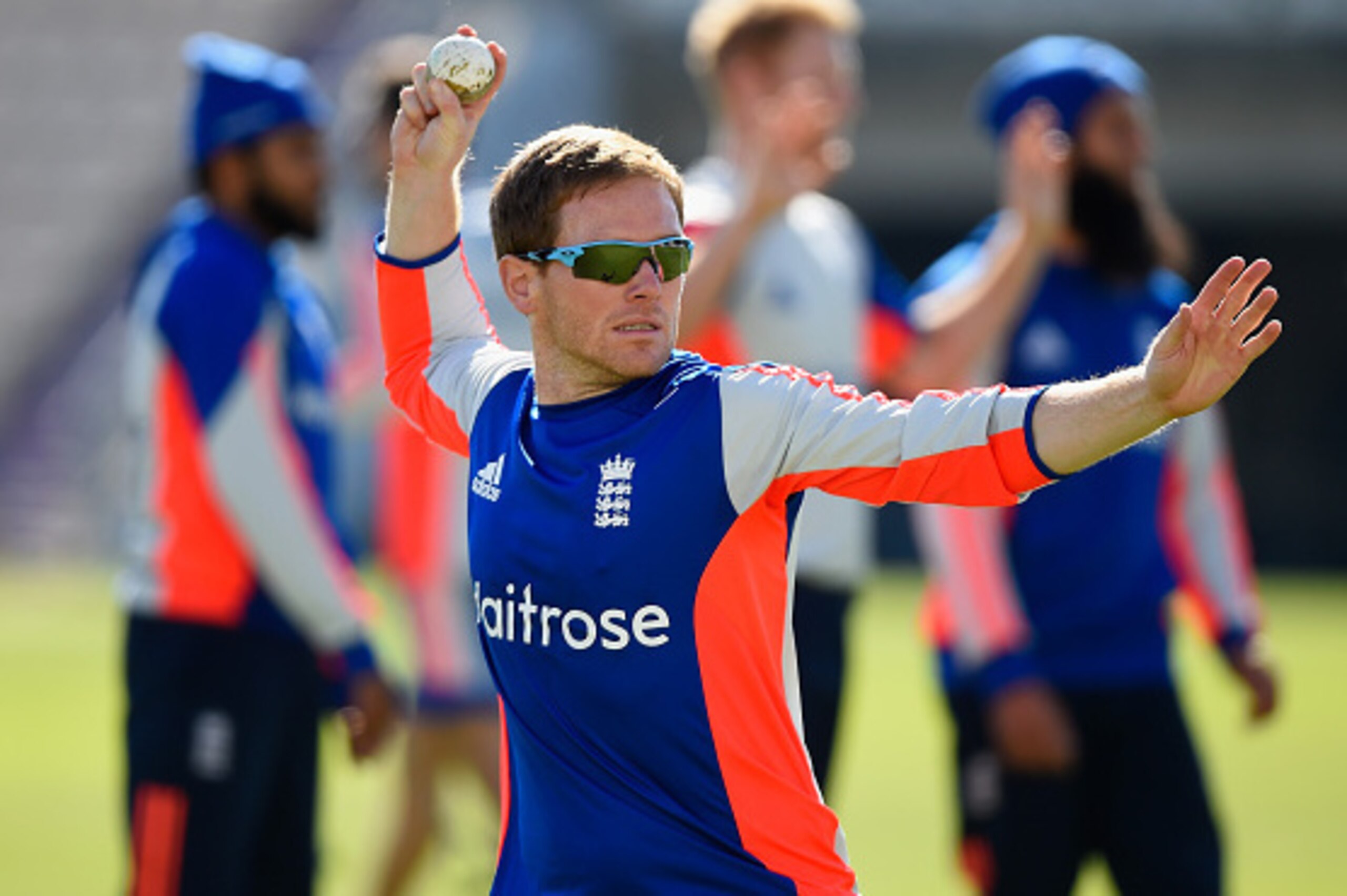SOUTHAMPTON, ENGLAND - SEPTEMBER 02:  England captain Eoin Morgan practices his throwing during an England training session at Ageas Bowl on September 2, 2015 in Southampton, England.  (Photo by Mike Hewitt/Getty Images)
