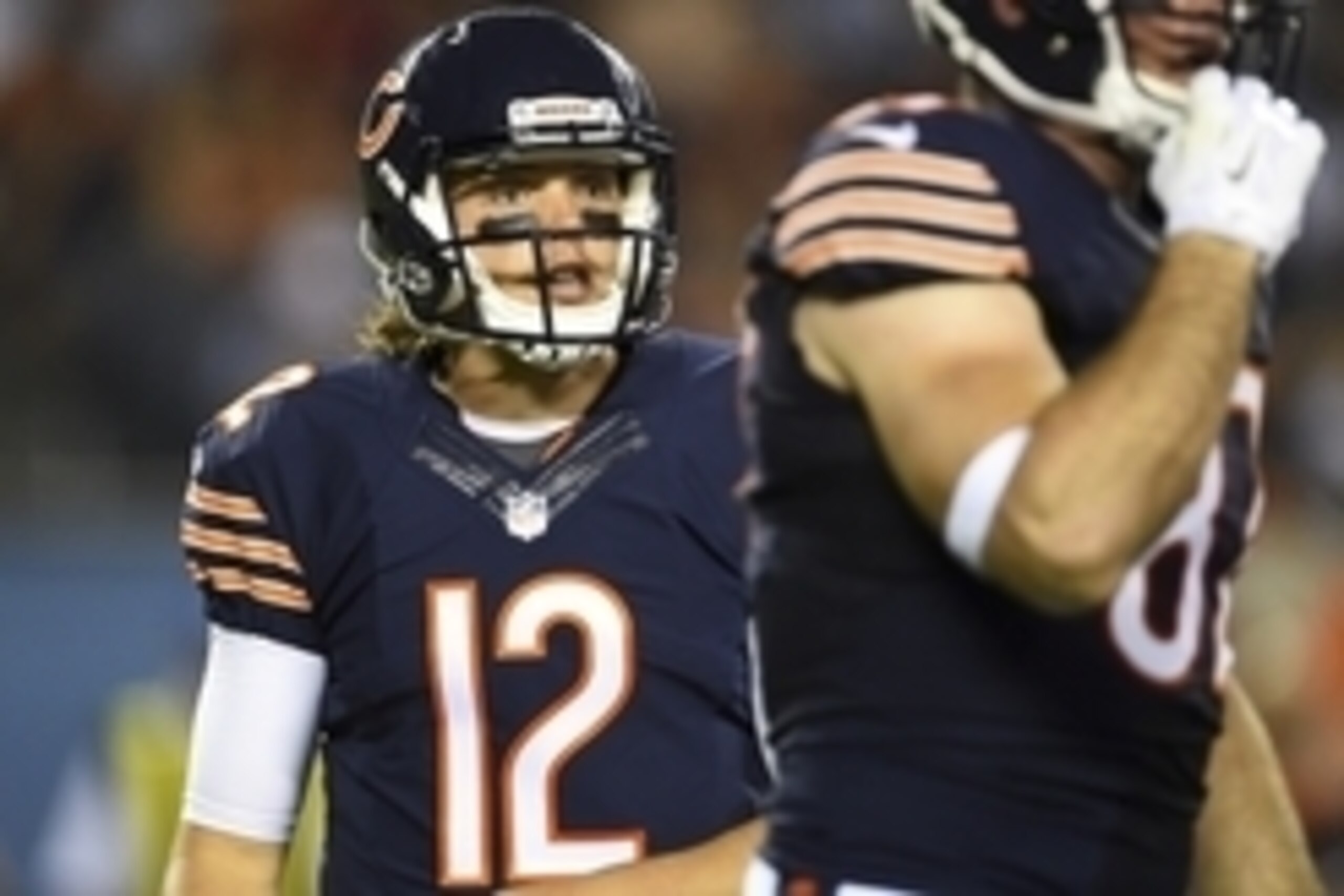 Sep 3, 2015; Chicago, IL, USA; Chicago Bears quarterback David Fales (12) reacts after a play during the second quarter at Soldier Field. Mandatory Credit: Mike DiNovo-USA TODAY Sports