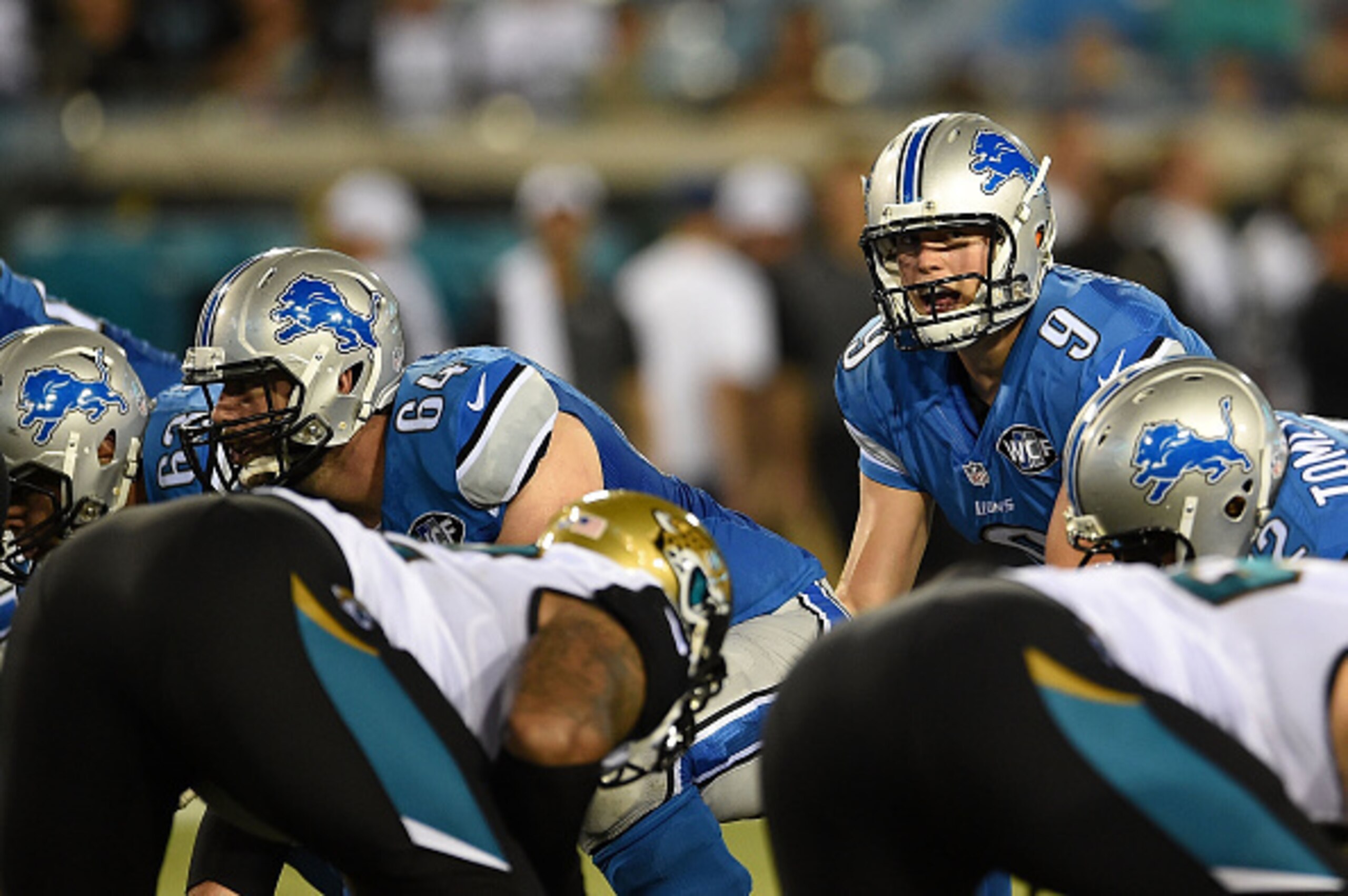 JACKSONVILLE, FL - AUGUST 28:  Matthew Stafford #9 of the Detroit Lions anticipates a play during a preseason game against the Jacksonville Jaguars at EverBank Field on August 28, 2015 in Jacksonville, Florida.  (Photo by Stacy Revere/Getty Images)
