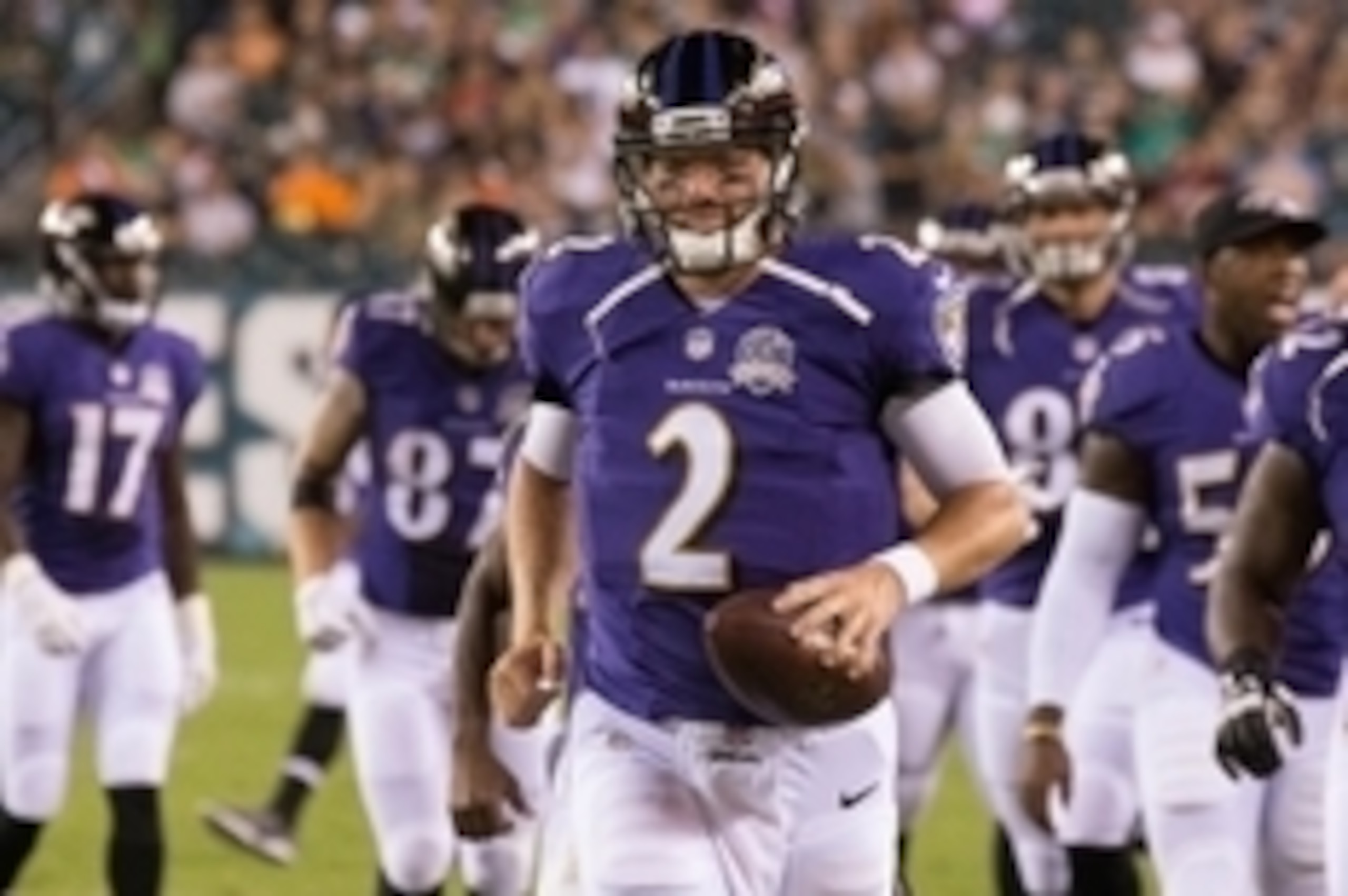 Aug 22, 2015; Philadelphia, PA, USA; Baltimore Ravens quarterback Bryn Renner (2) runs off the field at halftime against the Philadelphia Eagles at Lincoln Financial Field. The Eagles won 40-17. Mandatory Credit: Bill Streicher-USA TODAY Sports